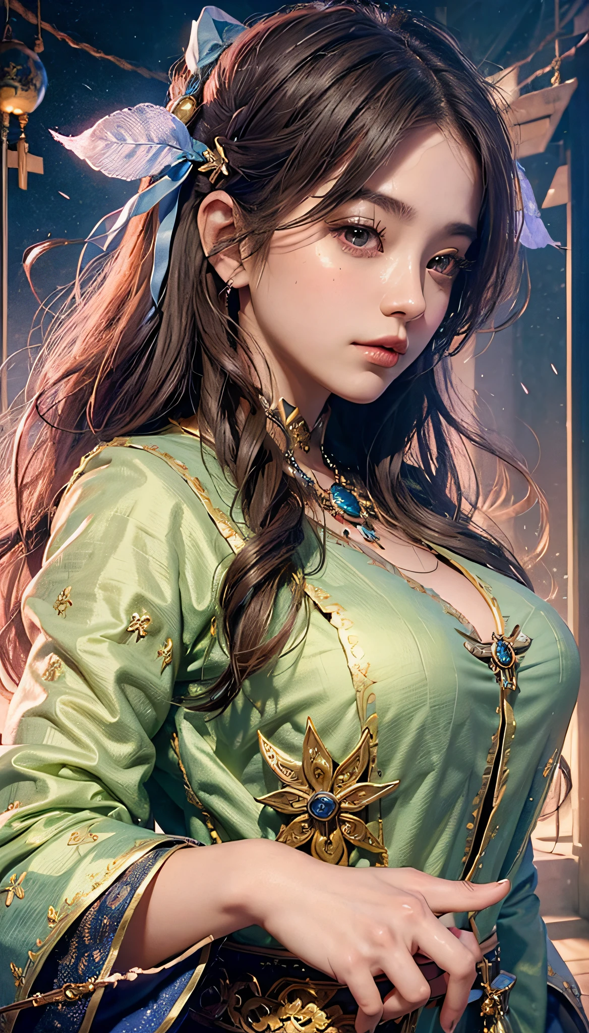(1girl:1.3),solo,__body-parts__,
official art, unity 8k wallpaper, ultra detailed, beautiful and aesthetic, beautiful, masterpiece, best quality,Fantastical Atmosphere, Calming Palette, Tranquil Mood, Soft Shading,
Miko priestess, charm spell, talisman familiar, shrine maiden duties,