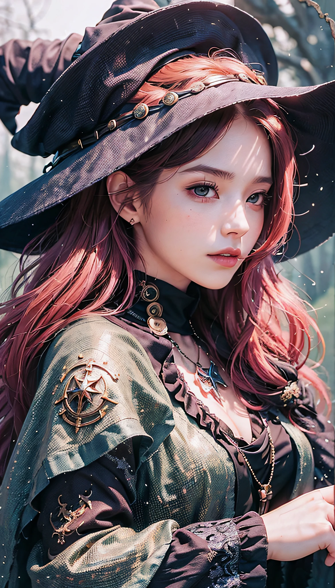 (1girl:1.3), Solo, Body Parts, Official Art, Unified 8k Wallpapers, Ultra Detail, Beauty and Aesthetics, Beauty, Masterpiece, Best Quality, Fantastic Vibe, Calm Color Palette, Peaceful Mood, Soft Shadows, Witch Priestess, Charismatic Spell, Amulet, Witch Duty