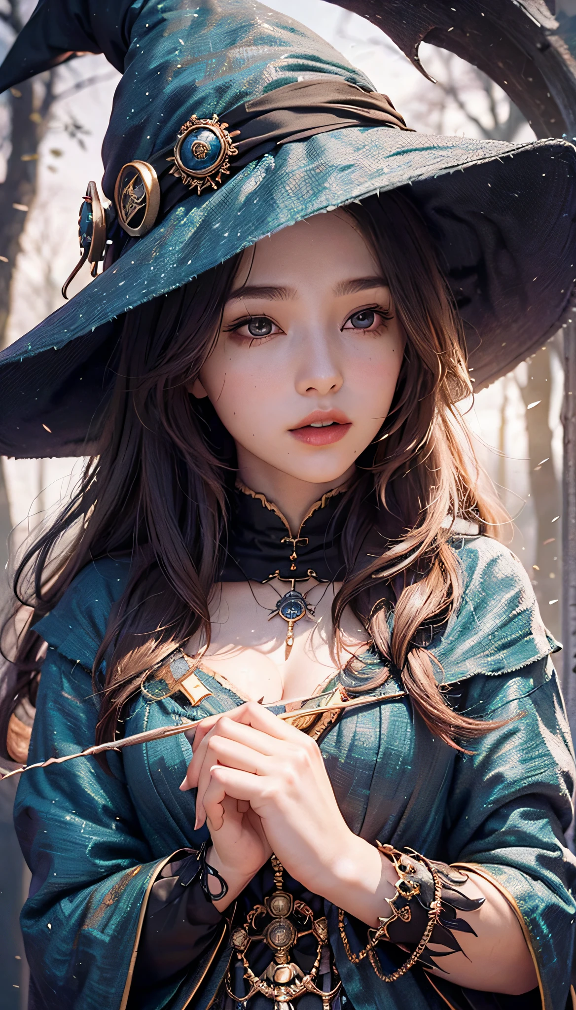 (1girl:1.3), Solo, Body Parts, Official Art, Unified 8k Wallpapers, Ultra Detail, Beauty and Aesthetics, Beauty, Masterpiece, Best Quality, Fantastic Vibe, Calm Color Palette, Peaceful Mood, Soft Shadows, Witch Priestess, Charismatic Spell, Amulet, Witch Duty