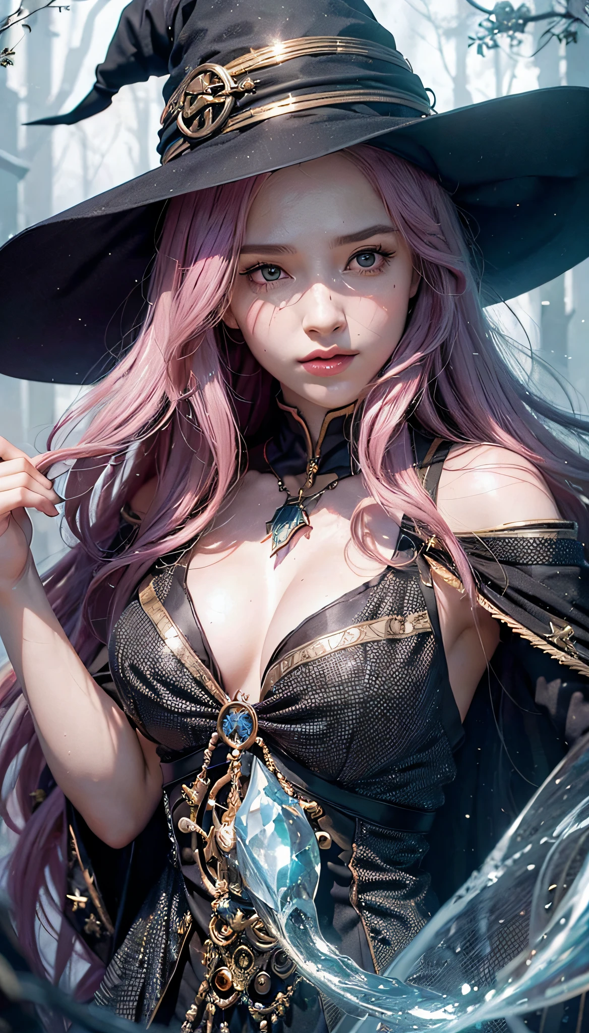 (1girl:1.3), Solo, Body Parts, Official Art, Unified 8k Wallpapers, Ultra Detail, Beauty and Aesthetics, Beauty, Masterpiece, Best Quality, Fantastic Vibe, Calm Color Palette, Peaceful Mood, Soft Shadows, Witch Priestess, Charismatic Spell, Amulet, Witch Duty