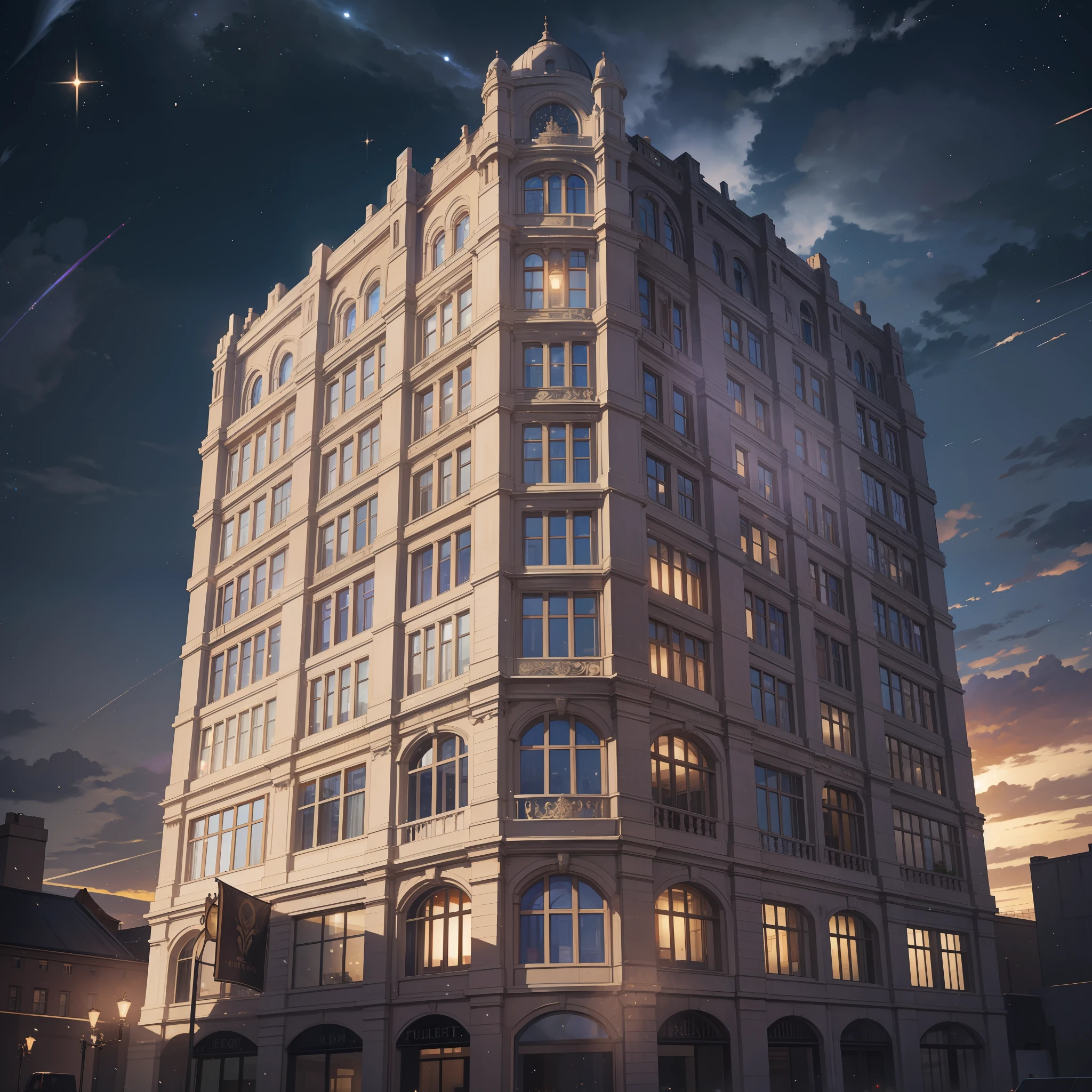 A five-storey building, masterpiece, high quality, best quality, high definition, realistic, perfect lighting, sparkling lights illuminate the night, vista
