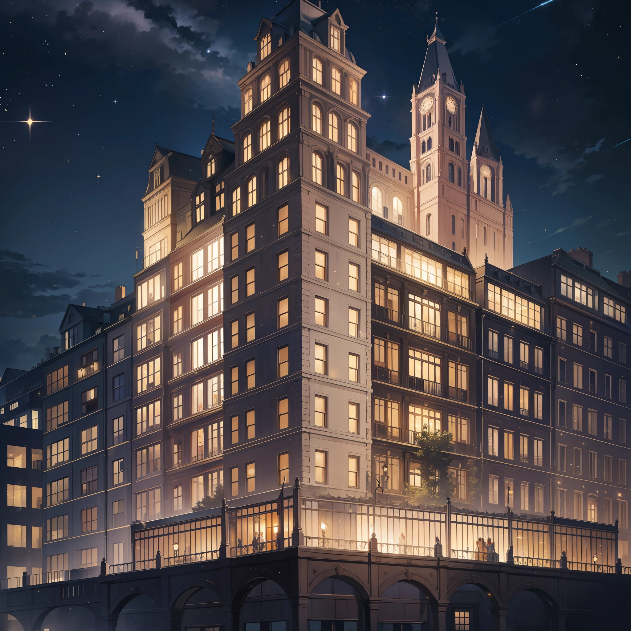 A five-storey building, masterpiece, high quality, best quality, high definition, realistic, perfect lighting, sparkling lights illuminate the night, vista
