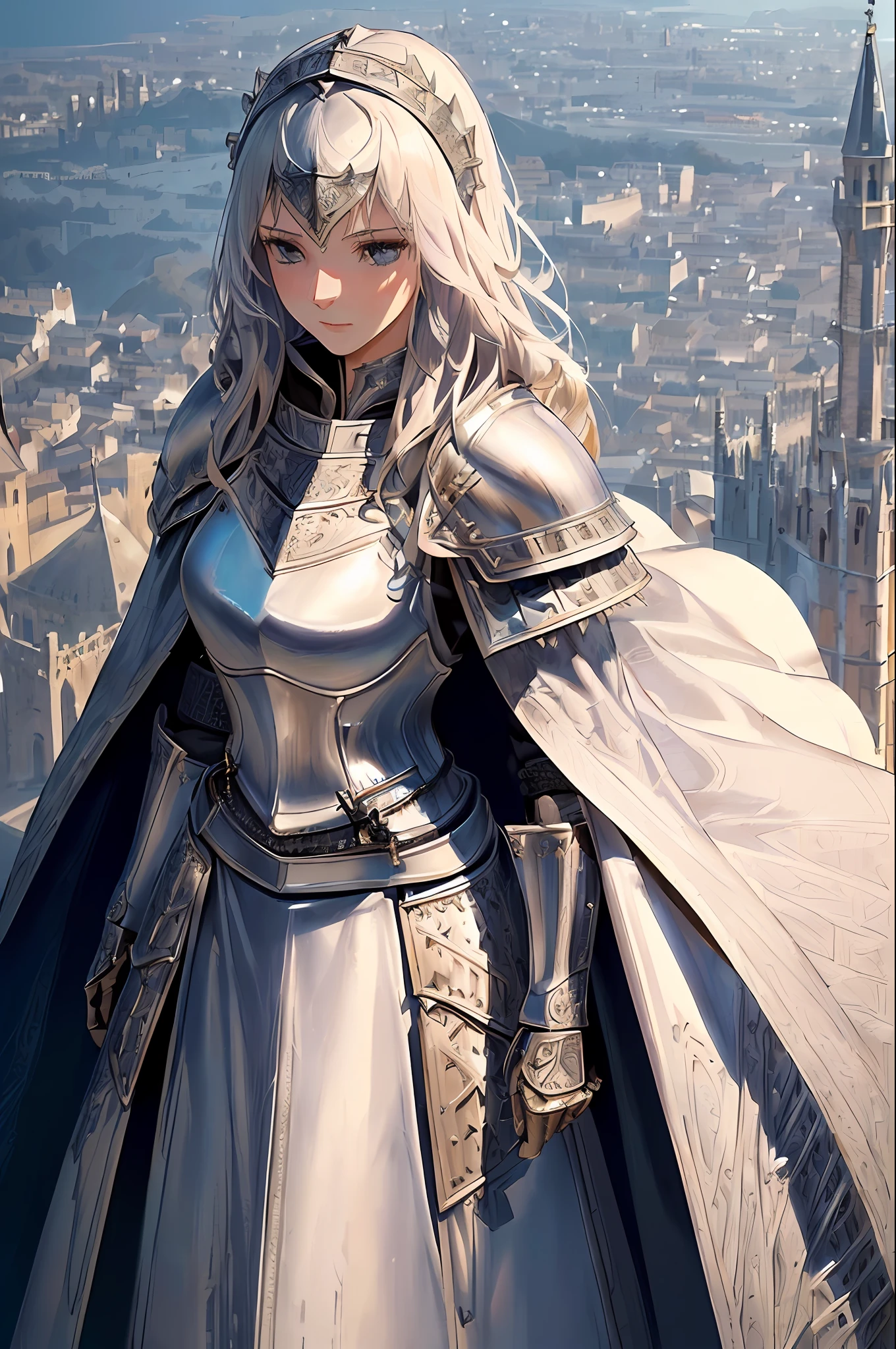 Realistic, realistic details, detailed, (((1 girl, slim, female knight, detailed armor, intricate details, cloak, great sword, aerial perspective, from above, standing on the top of the tower overlooking the medieval cityscape, very detailed architecture, perspective, clear focus, depth of field, detailed background)))