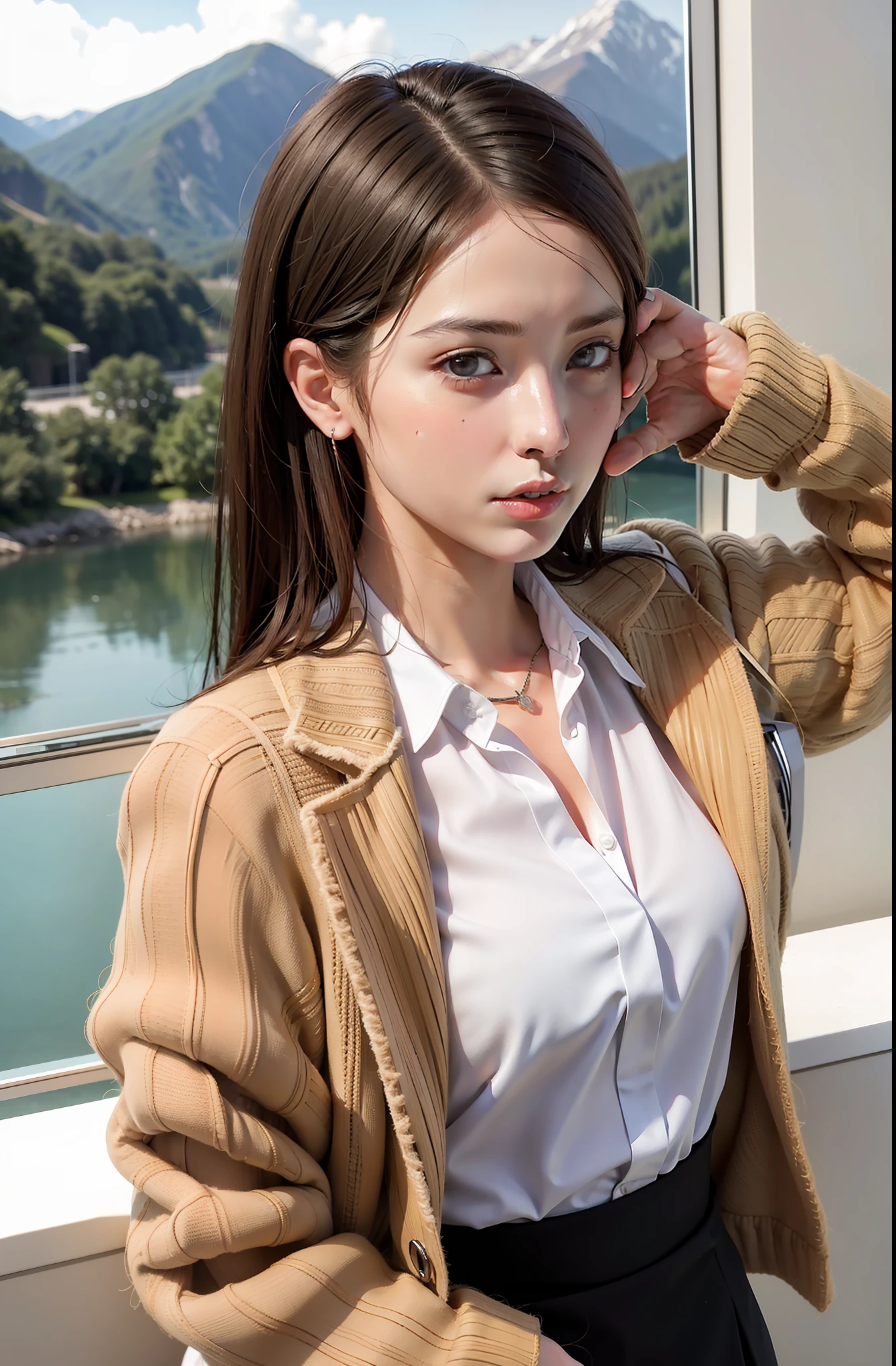 1girl,solo, parted lips, office lady, business suit ,
river,mountain, hand on arm , looking at viewer,