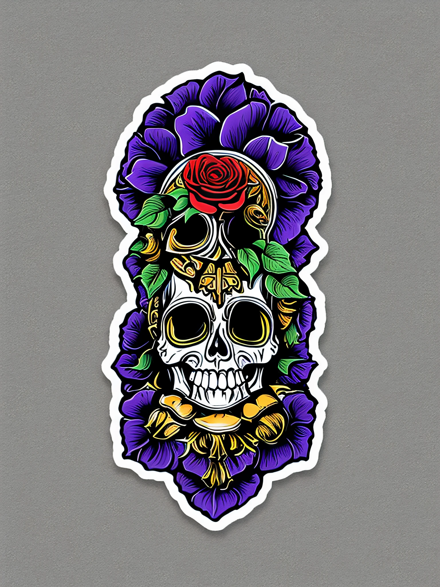 High quality sticker for t-shirts,Chicano airbrush art,(masterpiece, best quality, ultra-detailed),ultra-detailed,8K resorution,(full-length portrait),(ultra-detailed skull face),((Our Lady of Skulls in a navy cloak and in a pose of a praying hand)), Queen of the Holy Skeleton,((brightly colored)),black background,symmetrical,t-shirt design,large Roses symmetrically placed on both sides,(religious symbolism),(inspired by Holy Mary, Queen of Skulls, Lactreina, and Queen of the Dead, Lavi Zupa),(detailed additions),(iconography),(Lavi Zupa:1.2),high contrast