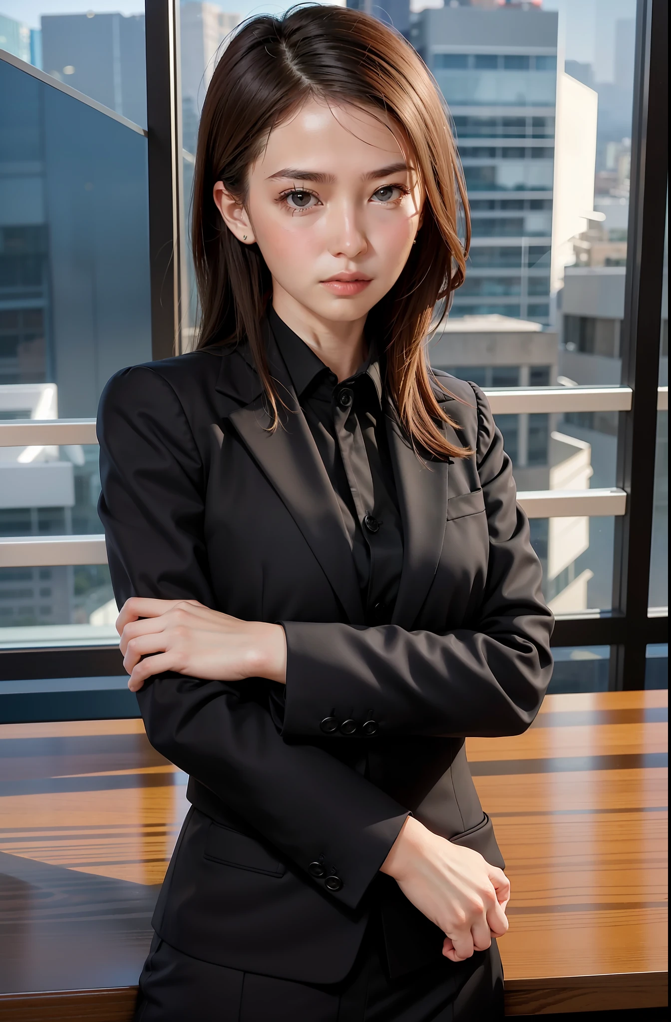 1girl,solo, parted lips, office lady, business suit ,
river,mountain, hand on arm , looking at viewer,