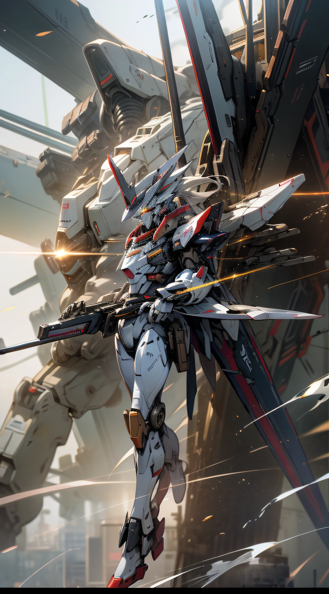 Surrealism, Ray Tracing, Photorealistic, UHD, High Detail, 32k, Best Quality, Textured Skin, Gundam Mecha, Flight, Funnel, Mecha Ship, Masterpiece, Best Quality, Mecha, Unmanned, (Full Body), (Black Mecha: 1.8), (Axisymmetric: 1.4), (HDR), (Movie Light: 1.1), White Eyes, Cool, Science Fiction, Fire, Universe, oversized shield, mecha man overlooking the background of the earth, with laser cannon beams, wars, conflicts, weapons in hand (has a huge weapon: 1.5),