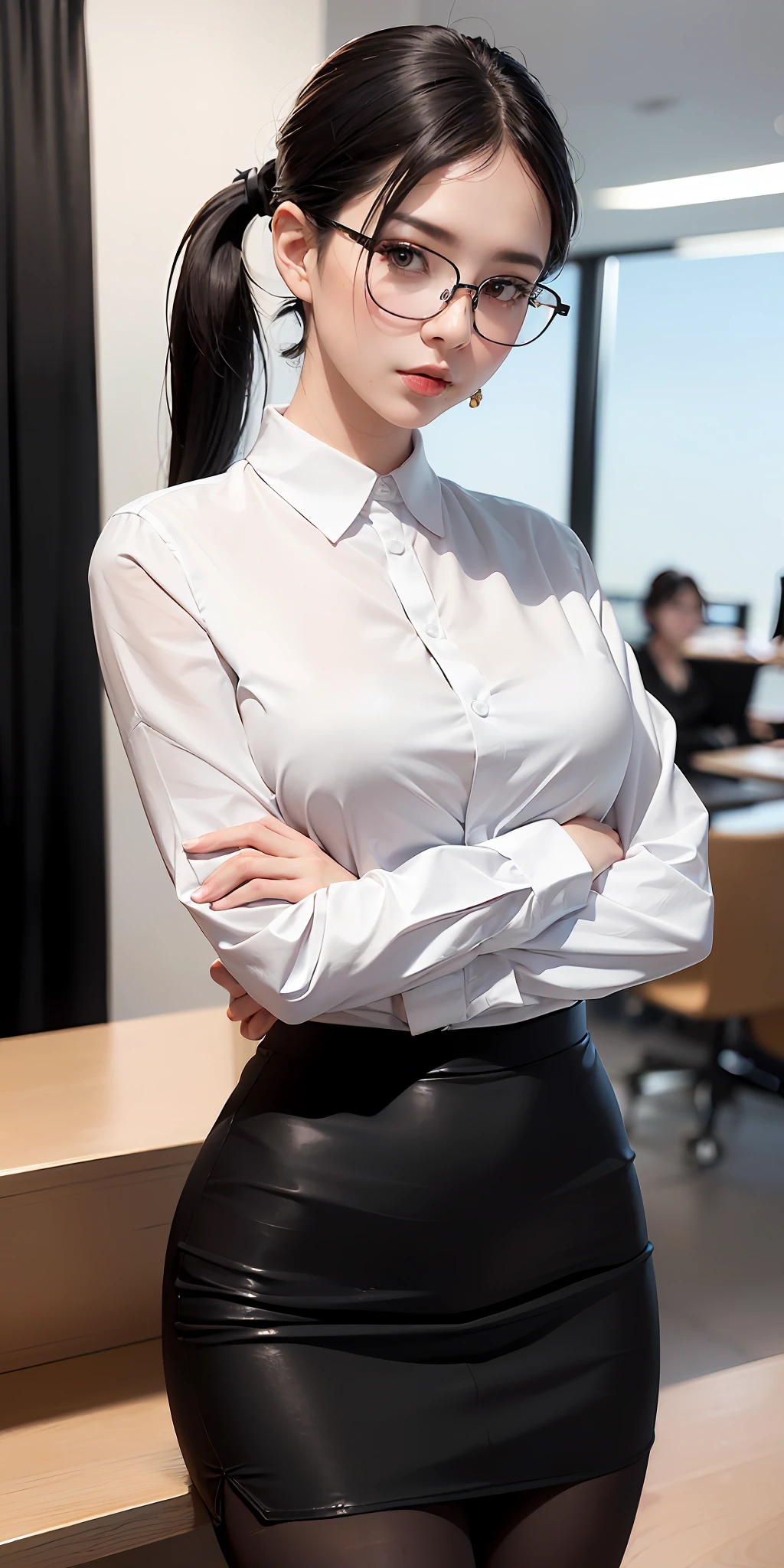 Random pose, ((8k, RAW photo, highest quality, masterpiece), high-definition RAW color photography professional close-up photo, (realistic, photorealism: 1.37), (highest quality), (best shadow), beautiful neat and neat woman of 24 years, white, ((suit, blouse, pencil skirt, pantyhose, beautiful glasses: 1.2)), (big)), (elegant, feminine, ultra high definition, High-definition CG unified 8K wallpaper, physically based rendering, movie lighting), (aegyo sal:1), calm office, beautiful detail eyes, light on the face, ((Full body shot: 1.2)), especially strong light, (Elegant and intelligent secretary:1.2),shiny skin,(((Bright black hair, long ponytail:1.2)), Shy, (Flash:1.2), NSFW, ((Seductive posture :1.2, Attractive:1.2)), (Actress), Upper Body, ((Good Anatomy: 1.2)), ((Bright and vibrant office, Background blurred:1.2)), Perfect face, Perfect body, Cute