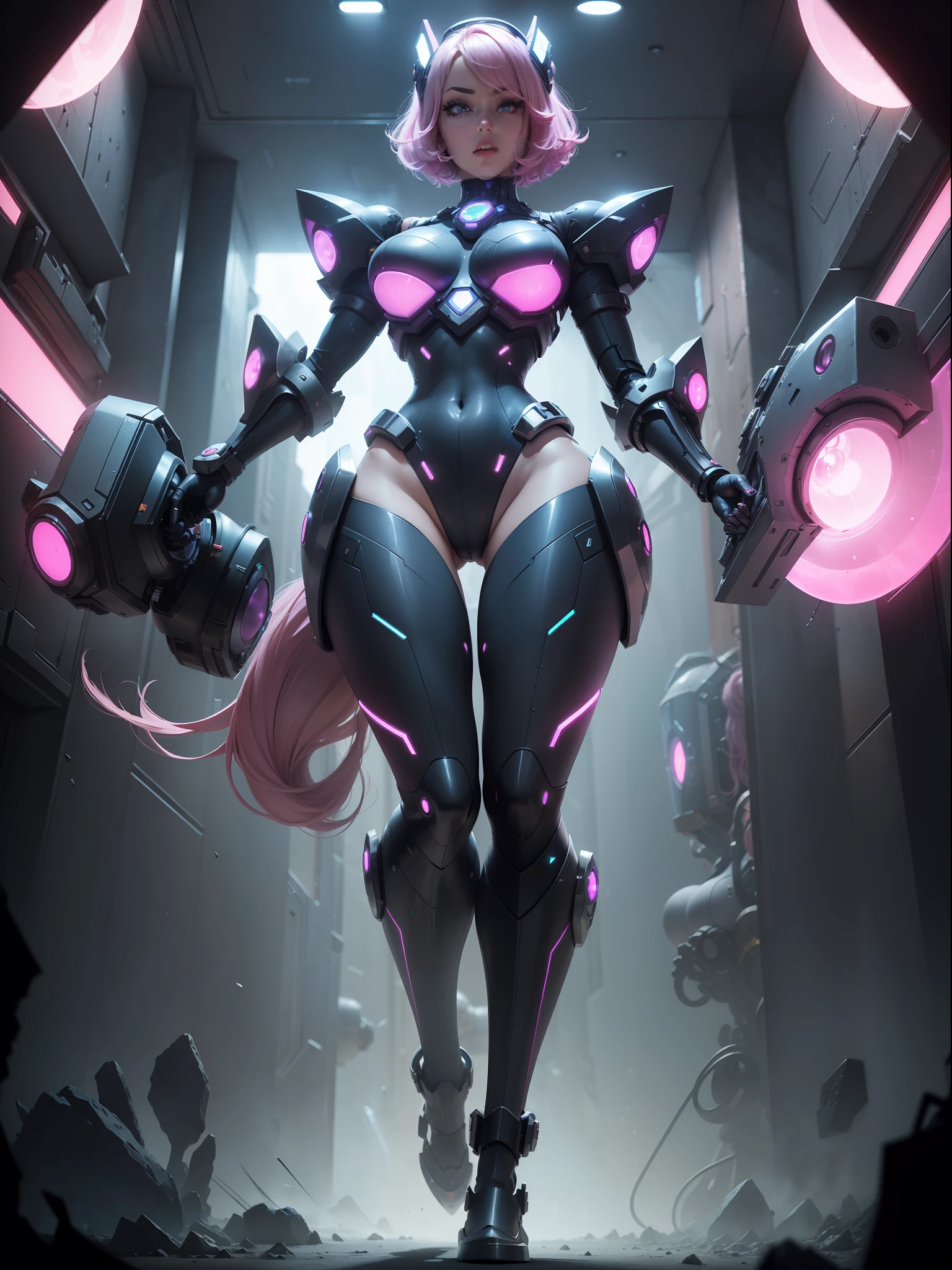 (Full body image+straight body:1.5) Moonlight/robot/woman/gigantic breasts/(extremely exhibitionist:1). She has {robot}/futuristic costume body parts with zul jewel on the breastplate. She's inside an alien base crowded with aliens, has a hole in the wall of the ship that's sucking everyone out)). She has very short pink hair; blue eyes, is looking at the viewer, embarrassed face, holding futuristic weapons, Super Metroid, 16k, best quality, high details, UHD, masterpiece