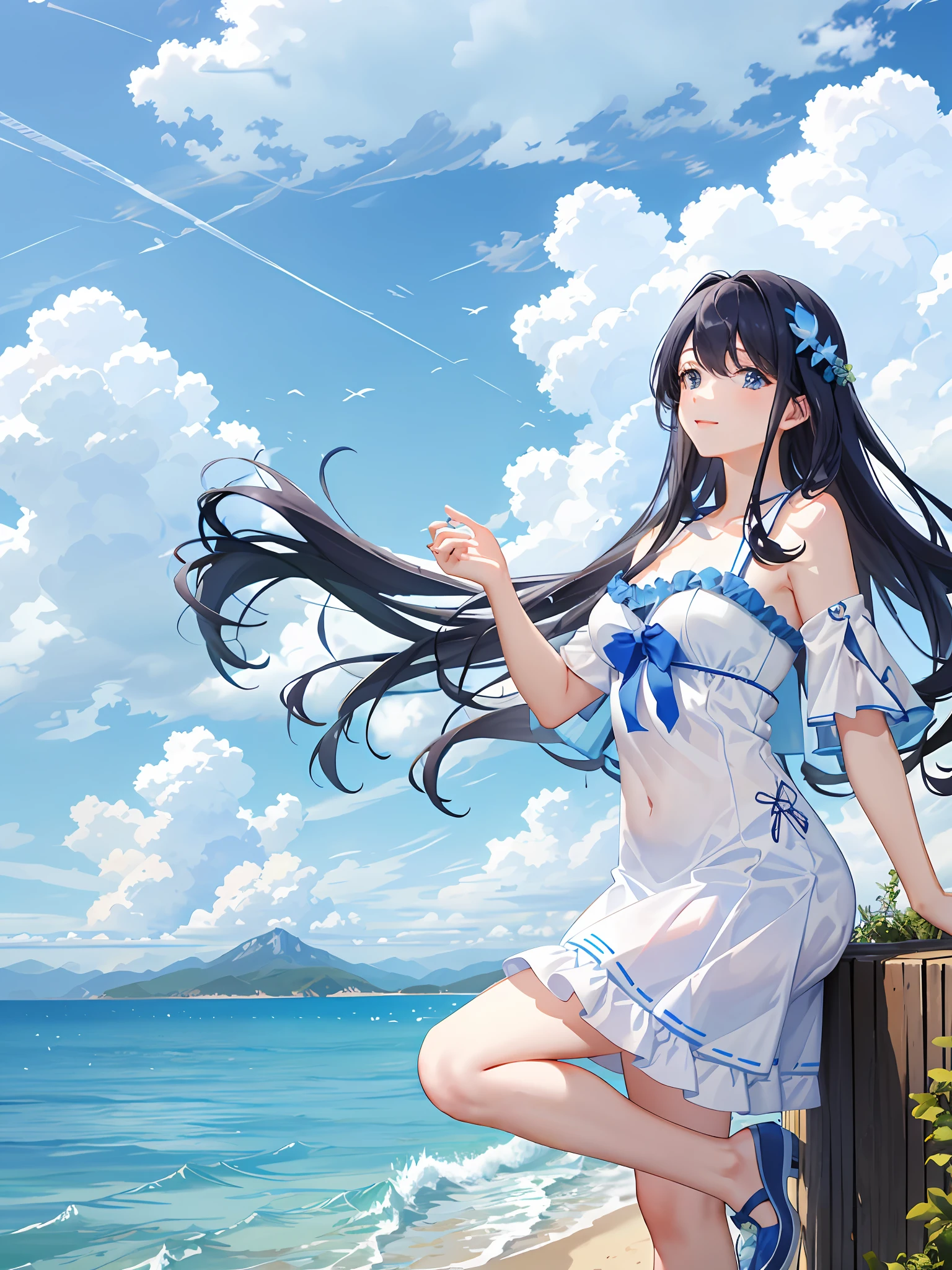 In summer, the vast seaside scenery, the blue gradient sea, the mountains and woods in the distance, the blue sky and white clouds