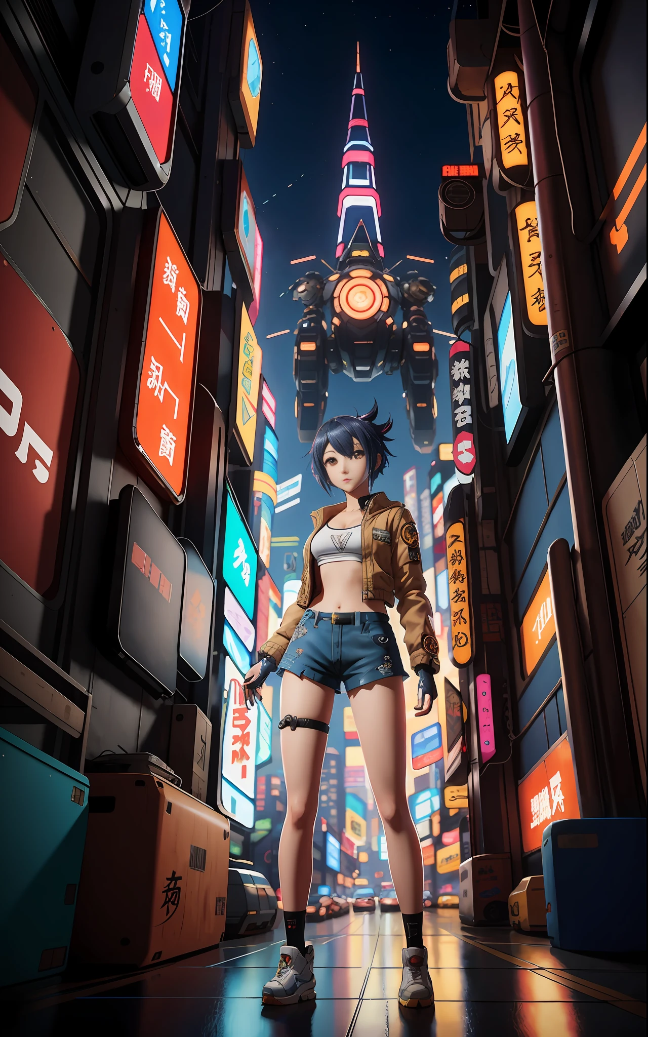 anime girl in short shorts and jacket standing next to giant robot, artwork in the style of guweiz, cyberpunk anime girl mech, trending on cgstation, guweiz, by Russell Dongjun Lu, digital cyberpunk anime art, ross tran 8 k, guweiz on artstation pixiv, girl in mecha cyber armor
