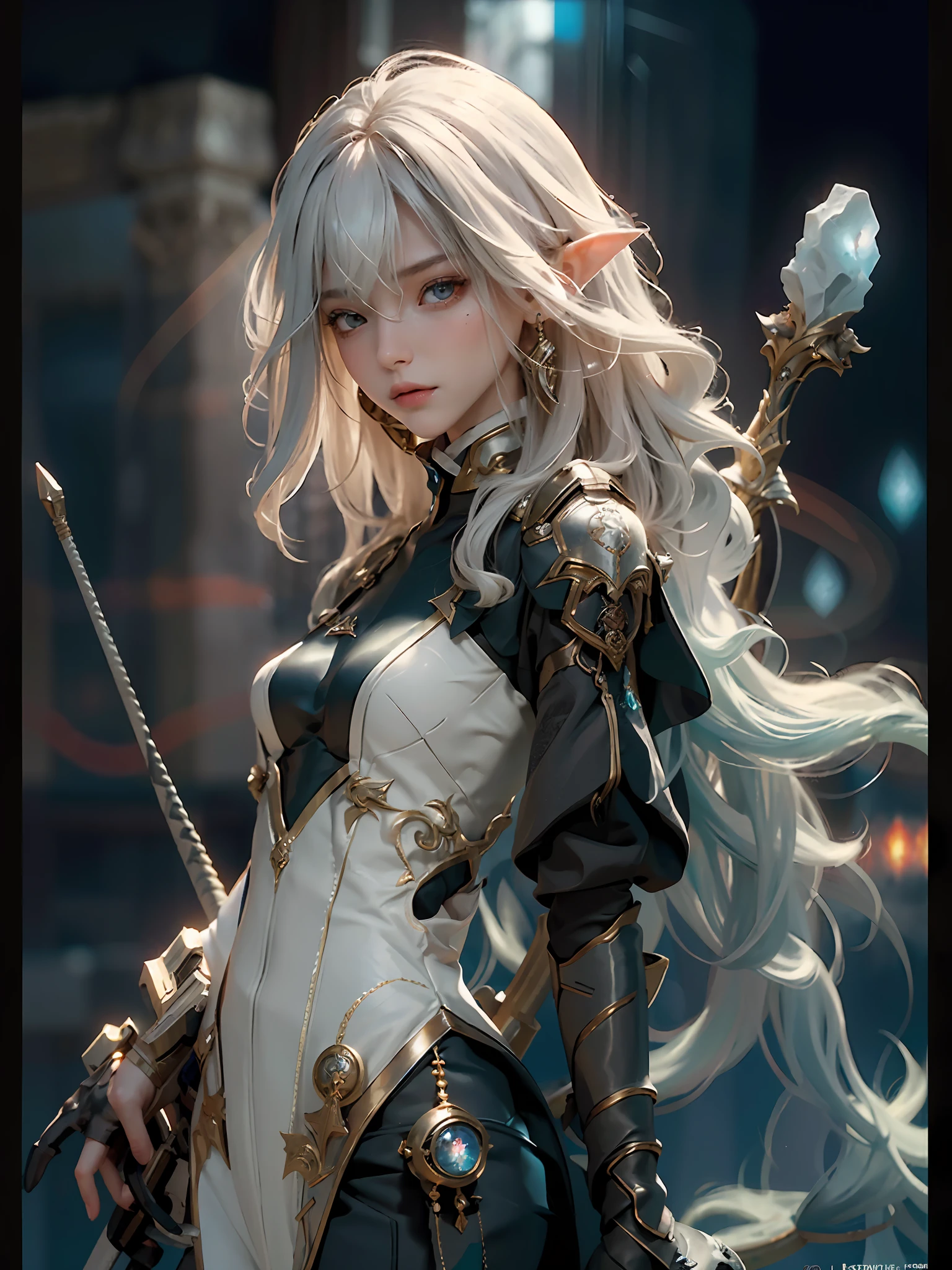 (Best Quality), (Masterpiece), (Detail: 1.4), 3D, Bust, (Young Girl), (Solo), Portrait, (Straight Face), (Body Front), (A Beautiful Teenage Elf Girl Image), (Small breasts: 1.3), ((busts)), (upper body), (slender perfect body: 1.2), (perfect face: 1.2), (young face: 1.3), (perfect eyes), (perfect hands), (perfect fingers), (soft and simple hair: 1.5), (simple leotards: 1.3), golden hair, collar, (metal gloves: 1.2), (weapons), chains, in the distant future, the line between science fiction and fantasy has disappeared, and the world is an awesome tapestry of wonder. Enter a universe where magic and technology coexist in harmony and shape the fate of civilization in the vast expanse of space. At the heart of this field is celestial relations, an interstellar center of mysterious energy and technological wonders. Here, arcane knowledge is intertwined with cutting-edge science, giving birth to a society brimmed with the power of ancient spells, while occult arts enhance technology. As a young explorer, embark on a grand adventure destined to unlock the secrets of the celestial bond. As you travel through the uncharted realms of the universe, encounter various civilizations full of creatures with extraordinary abilities. From the ethereal spire of the elves, where the art of traveling across dimensions is perfected, to the cybernetic enclave of the Android Group, witness the tapestry of life where magic and technology intertwine. Unleash your latent power as you adapt to the energy flowing through the Nexus. Take advantage of the ancient spells of forgotten witchcraft to propel your starship through the vast universe. Wield enchanted weapons infused with futuristic enhancements to shape surging energy and engage in epic battles against cosmic abominations and intergalactic tyrants. Uncover the origins of this harmonious blend of magic and technology as you delve into the mysterious realm of celestial relationships. Discover ancient prophecies that foreshadow catastrophic