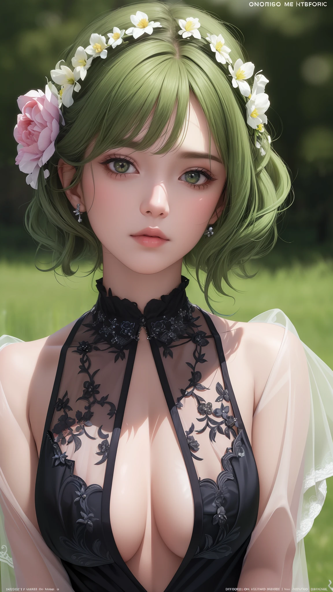 RAW, (masterpiece, best quality, photorealistic, absurdres, 8k:1.2), nsfw, best lighting, complex pupils, detailed background, evening, theater,
1girl, solo, upper body, (close up, face focus:1.2), looking away, cowboy shot, standing, sorry, shiny skin, eyeliner, gothic eyeshadow, blush, flower, medium hair, curly hair, green hair, highly detailed skin,
sheer blouse, hair flower, chocker, see-through, (magazine cover, FashionMagCover, english text, username, watermark, user name, artist name, signature:1.1),