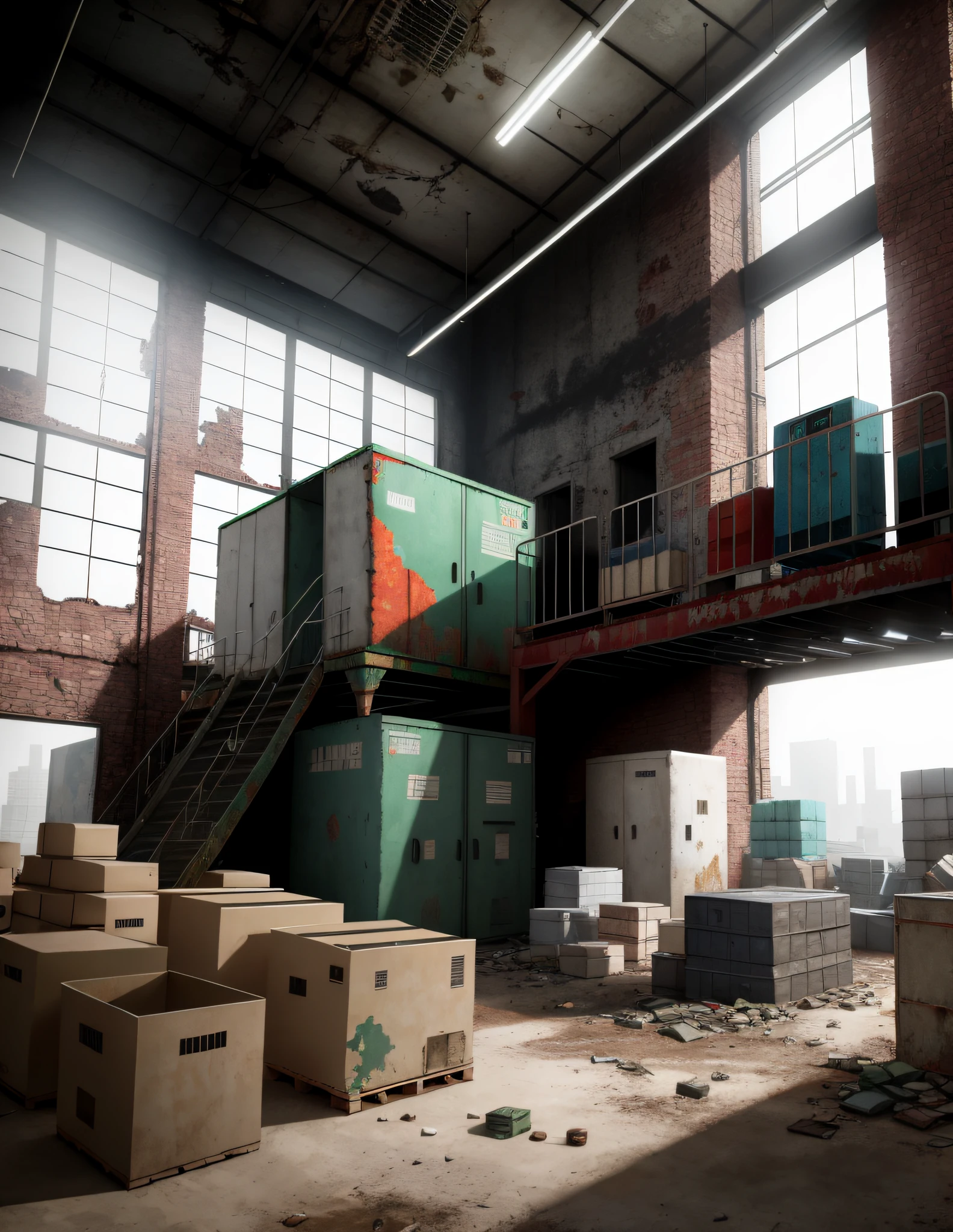 An abandoned warehouse in the apocalypse, with many safes and abandoned machinery piled up in the warehouse. Vehicles, weapons