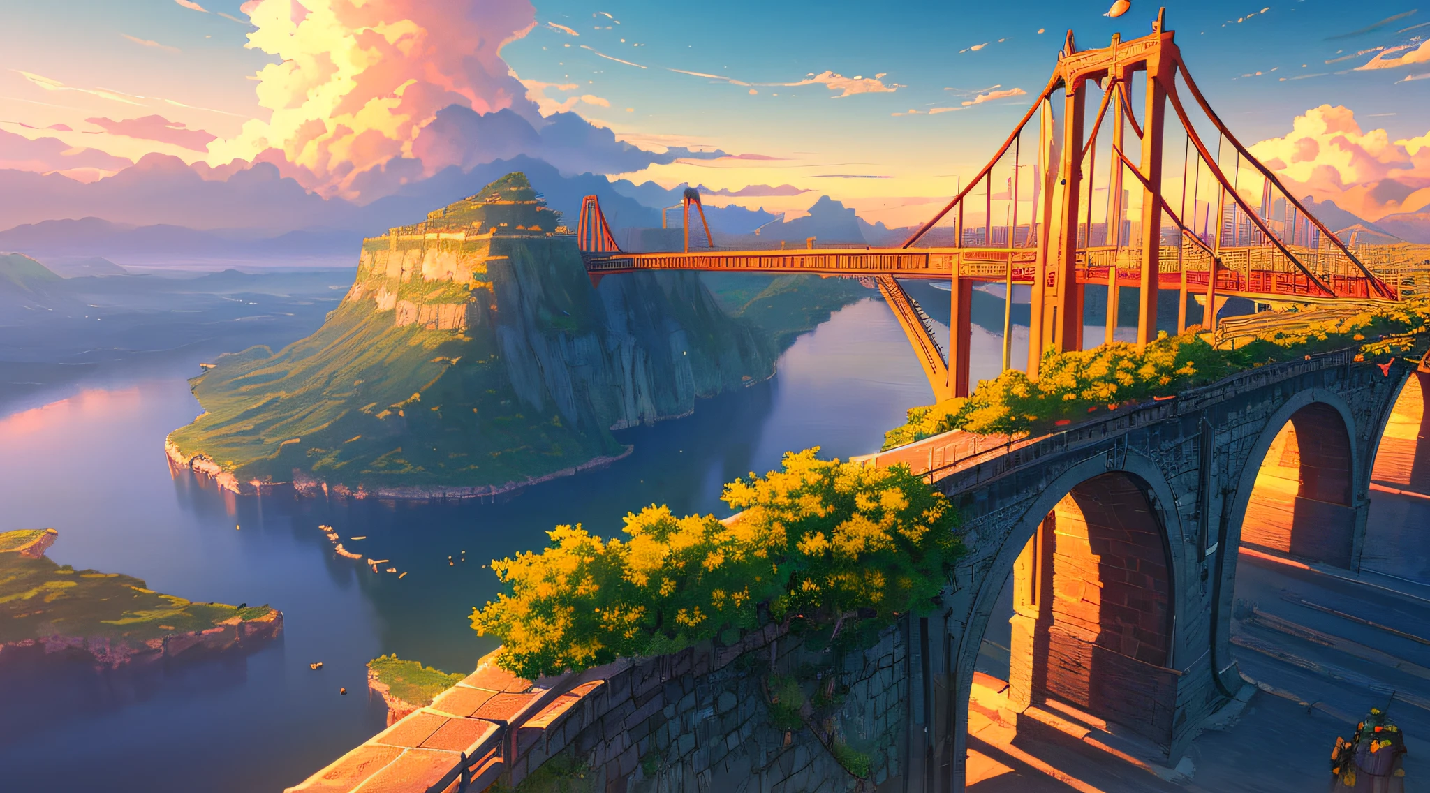 Masterpiece, Best Quality, (Very Detailed CG Unity 8k Wallpaper), Clouds, (Best Illustration), (Best Shadow) Sunset, Miyazaki Hayao Sadness, Nature, Vista, Wallpaper, Enchanting, Neon Bridge, Computer Desktop.