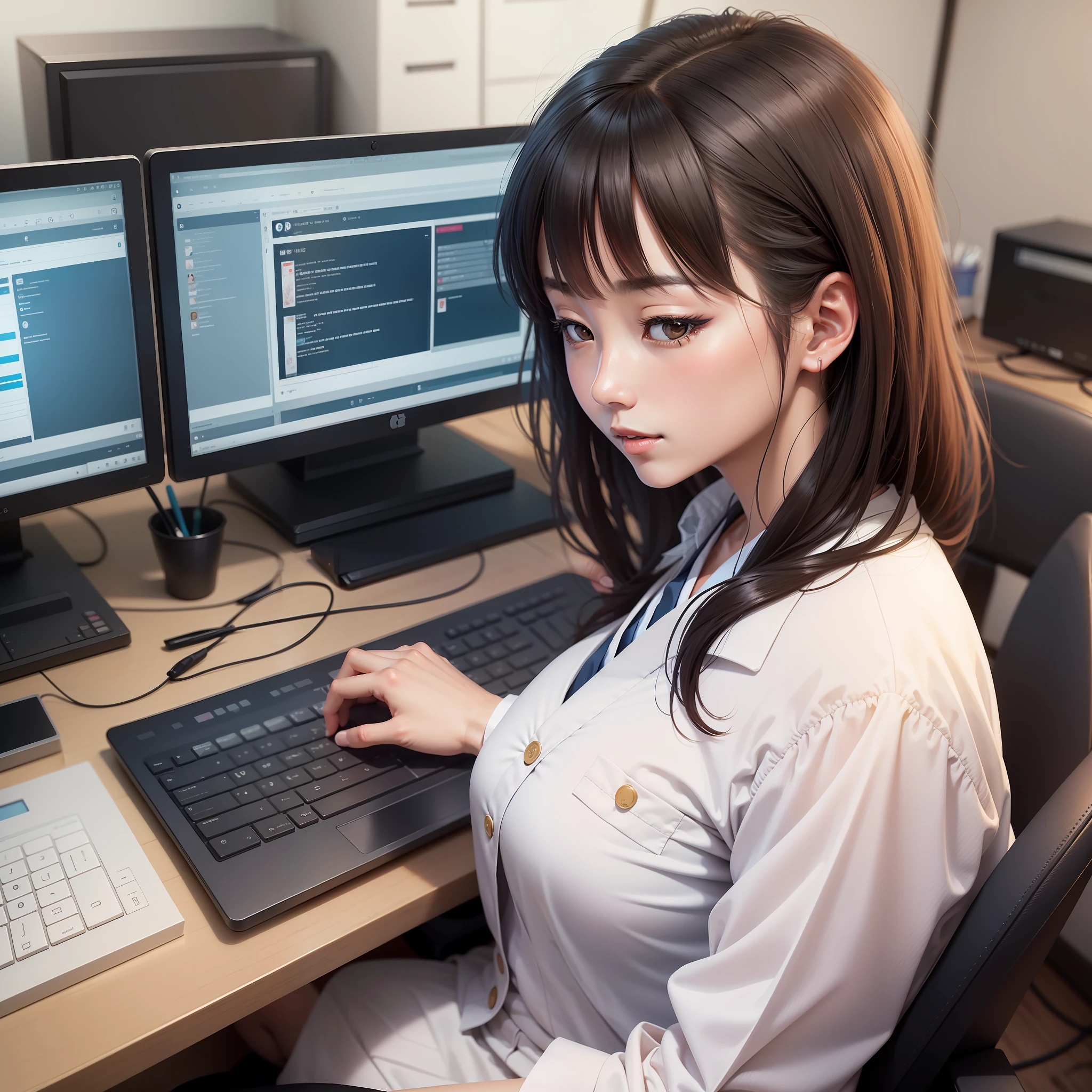 Generate an image that resembles a real photograph of a Japanese woman dressed in a business suit, working on a computer in a bright and cheerful office environment.