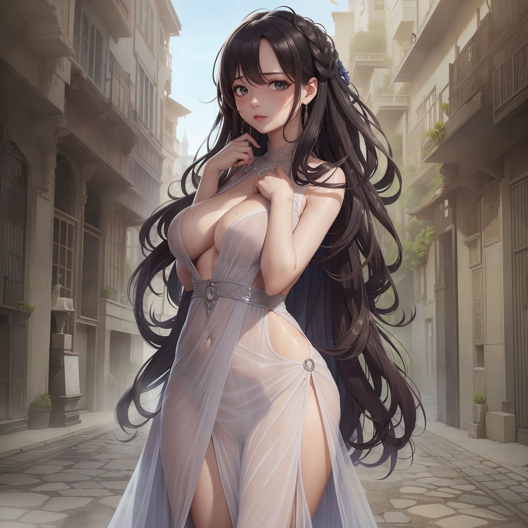 A woman, translucent long dress, ((without bra)), proud figure, shy and timid, absurd, incomparable absurdity, ((sweaty clothes) (clinging to the body)) blushing --auto --s2