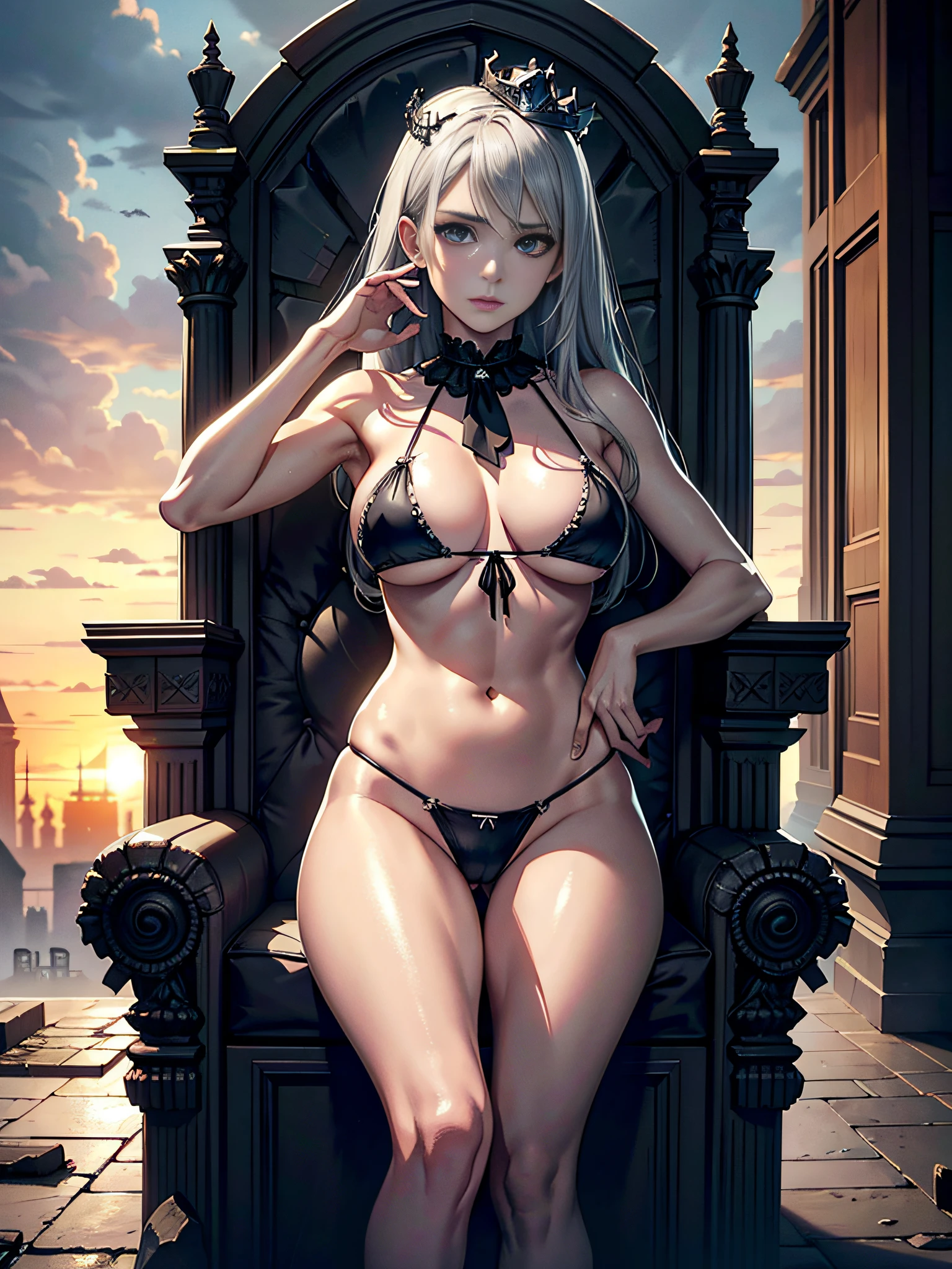photorealistic, (hyperrealistic:1.2), beautiful, masterpiece, best quality, extremely detailed face, perfect lighting, (throne:1.2), (crown:1.2), (ruins:1.4), broken castle, dilapidated throne,tattered crown, desolate and empty landscape in the background, forlorn expression, (dark:1.1), (gothic:1.1), dejected posture, (war torn landscape:1.1), broken throne, crumbling throne, cracks, stone cracks, DarkFantasy, dark clouds, cloudy sky, sunset,Best Quality, Masterpiece, Ultra High Definition, (Photorealistic: 1.4), Raw Photo, 1 Girl, Beautiful European Girl, Silver Hair, Blue triangle bikini String Bikini, HUGE BREAST: 1.4, Low Rise Bikini, Tie-Side Bikini, toned, Open legs:1.9, Open Crotch, So Beautiful, Realistic Skin Texture, Armature,
