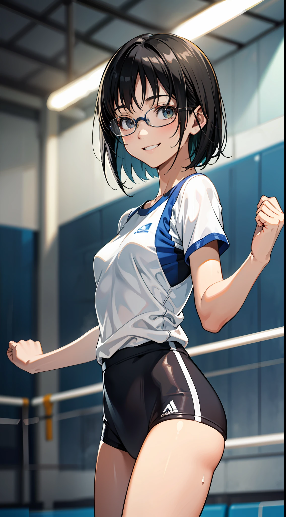 Illustration, top quality, cowboy shot, focus girl, official art, Makoto Shinkai, dreamy, professional lighting, (amazing shading), one, girl, 14 years old, young, thin, very short hair, black hair, forehead, (floating hair: 0.8), ((small breasts)), big round glasses, volleyball uniform, real face, 3D face, (((smile)), ((blurred background)) summer, sweat, raise hands, sports hall