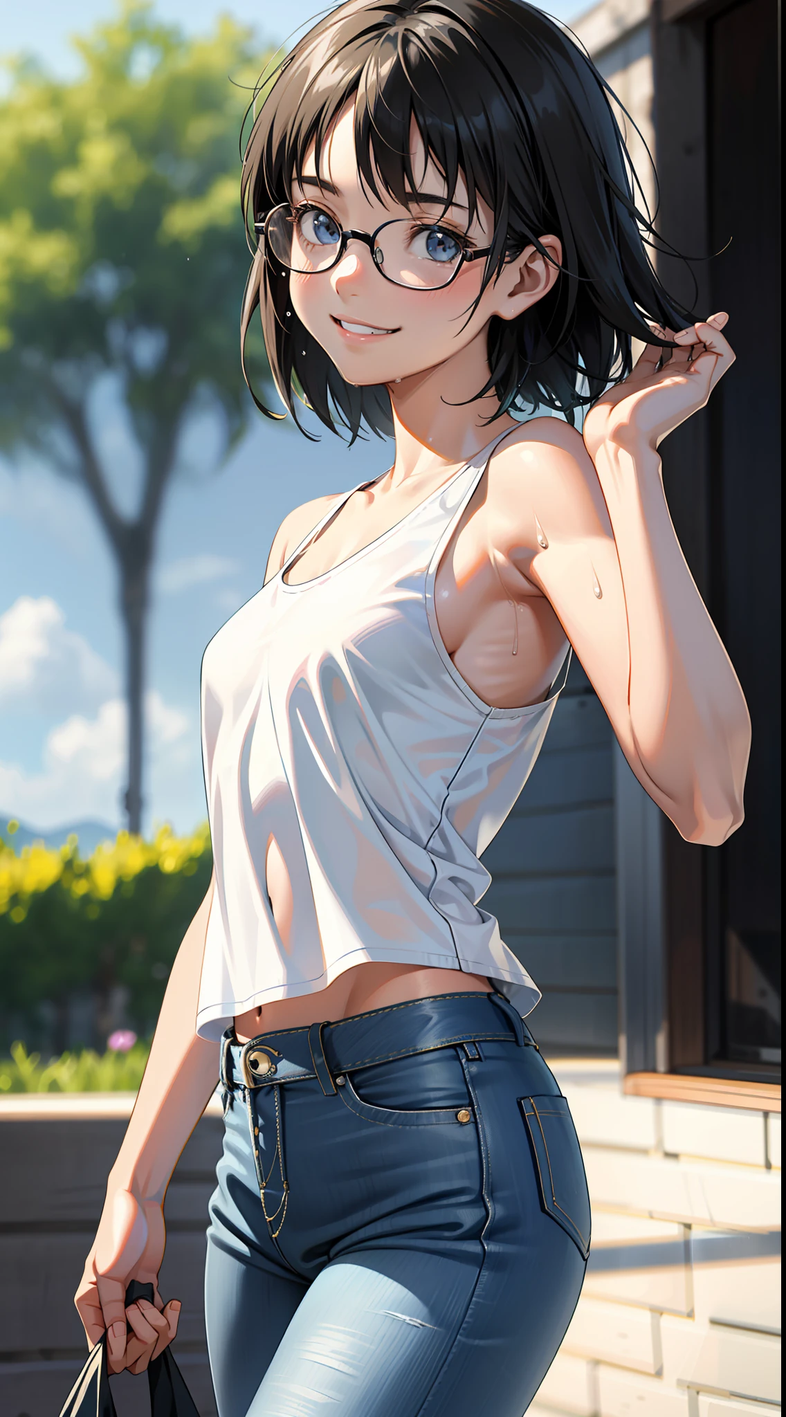 Illustration, top quality, cowboy shot, focus girl, official art, Makoto Shinkai, dreamy, professional lighting, (amazing shading), one, girl, 14 years old, young, thin, very short hair, black hair, forehead, (floating hair: 0.8), ((small breasts)), big round glasses, (white short tank top), wet tank top, denim skinny jeans, real face, 3D face, (((smile)), ((blurred background)) summer, sweat,, raise hands,