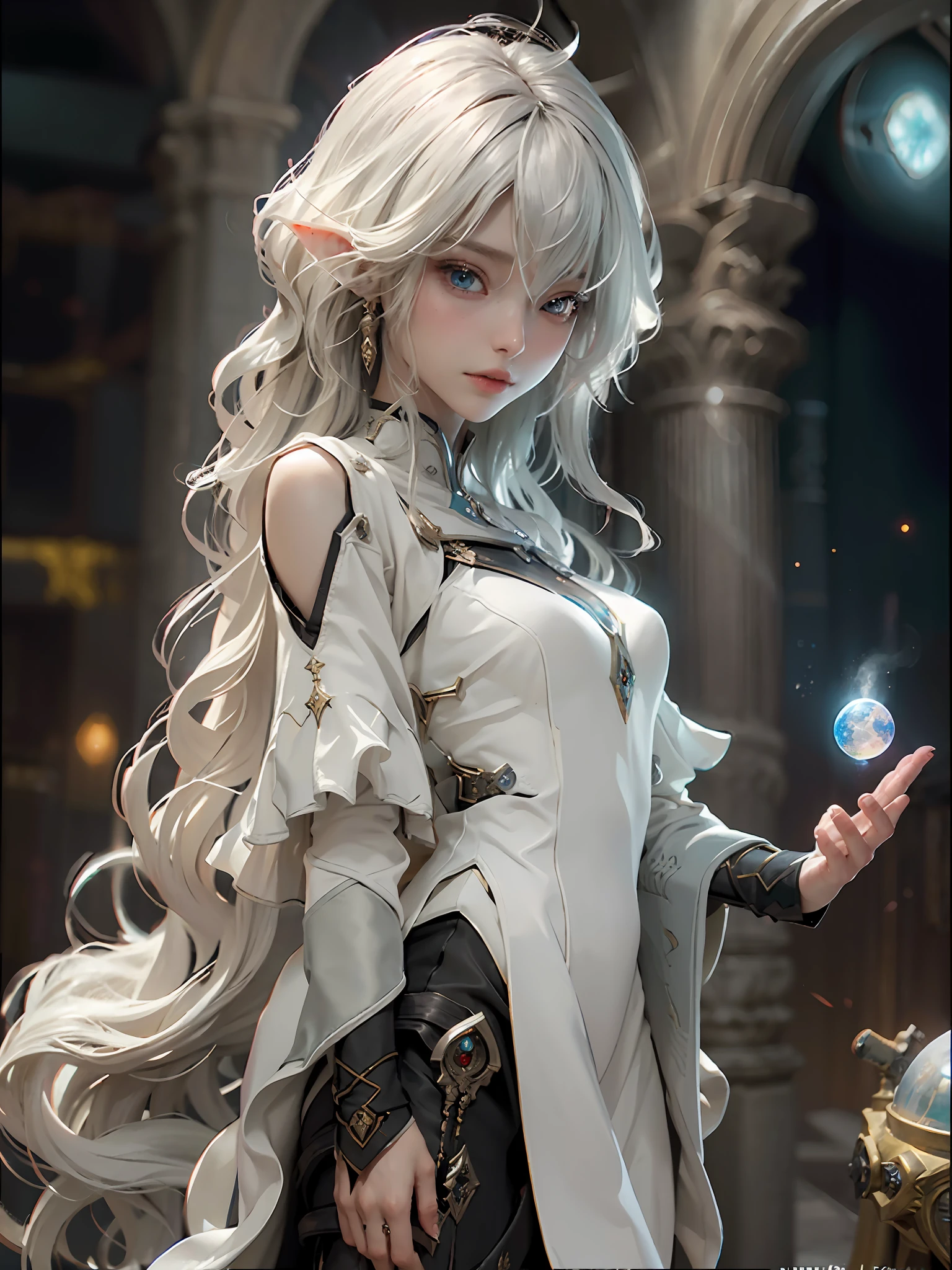 (Best Quality), (Masterpiece), (Detail: 1.4), 3D, Bust, (Young Girl), (Solo), Portrait, (Straight Face), (Body Front), (A Beautiful age Elf Girl Image), (Small breasts: 1.3), ((busts)), (upper body), (slender perfect body: 1.2), (perfect face: 1.2), (young face: 1.3), (perfect eyes), (perfect hands), (perfect fingers), (soft and simple hair: 1.5), (simple leotards: 1.3), golden hair, collar, (metal gloves: 1.2), (weapons), chains, in the distant future, the line between science fiction and fantasy has disappeared, and the world is an awesome tapestry of wonder. Enter a universe where magic and technology coexist in harmony and shape the fate of civilization in the vast expanse of space. At the heart of this field is celestial relations, an interstellar center of mysterious energy and technological wonders. Here, arcane knowledge is intertwined with cutting-edge science, giving birth to a society brimmed with the power of ancient spells, while occult arts enhance technology. As a young explorer, embark on a grand adventure destined to unlock the secrets of the celestial bond. As you travel through the uncharted realms of the universe, encounter various civilizations full of creatures with extraordinary abilities. From the ethereal spire of the elves, where the art of traveling across dimensions is perfected, to the cybernetic enclave of the Android Group, witness the tapestry of life where magic and technology intertwine. Unleash your latent power as you adapt to the energy flowing through the Nexus. Take advantage of the ancient spells of forgotten witchcraft to propel your starship through the vast universe. Wield enchanted weapons infused with futuristic enhancements to shape surging energy and engage in epic battles against cosmic abominations and intergalactic tyrants. Uncover the origins of this harmonious blend of magic and technology as you delve into the mysterious realm of celestial relationships. Discover ancient prophecies that foreshadow catastrophic