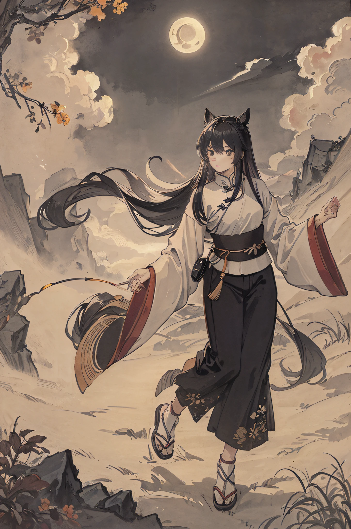 Masterpiece, best quality, night, hills, clouds, full moon, long hair, man, ancient Chinese, silhouette, firefly.