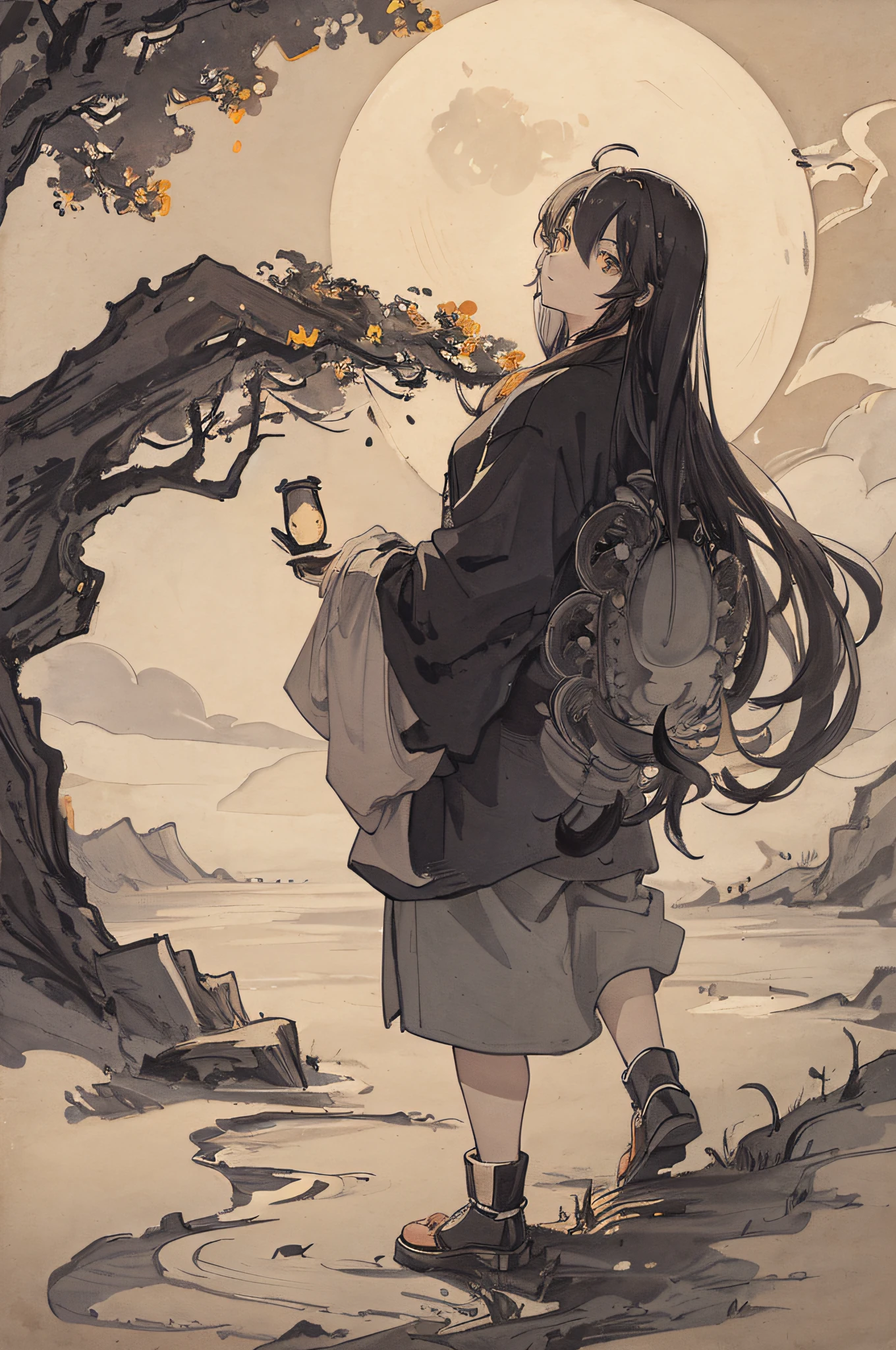 Masterpiece, best quality, night, hills, clouds, full moon, long hair, man, ancient Chinese, silhouette, firefly.