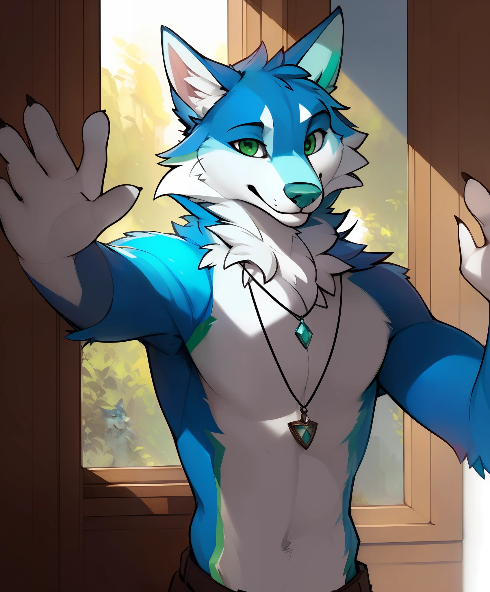 uploaded on e621, by Pixelsketcher, by Bayard Wu, by Thomas Benjamin Kennington, by Einshelm, solo blue and white wolf male waving their hands, waving their hands with intention to say hello, looking at the view, necklace Esmerald, Green Eyes, Cyan nose, Wolf male in front of a Window, male