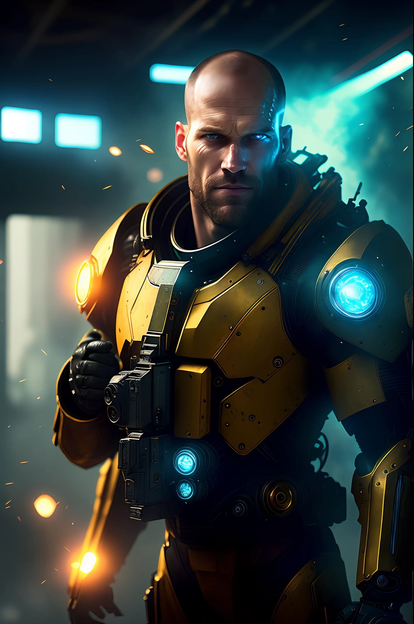 Cyborg close-up, deep focus, , noon, photo, very detailed, 16K, blue bright eyes, RAW photo, Jason Statham's cyborg, 178mm, beautiful studio soft light, rim light, vivid details, gorgeous cyberpunk, hyper-realistic, facial muscles, beautiful background, octane rendering, 8k, top quality, masterpiece, Very delicate and beautiful, highly detailed CG, unity, wallpaper, (realistic, photorealistic: 1.37), amazing, fine details, masterpiece, top quality, official art, highly detailed CG Unity 8k wallpaper, standing, gadling gun possession, firing at the wall, armored car big explosion, eyes glowing blue, urban combat, morning combat, smoke, blast, garbage, destroyed hull, broken tank, Broken Building, grinning, shooting from oblique painting, daylight, full body shooting, yellow camouflage suit, lens flare, ray, fog, splattering,