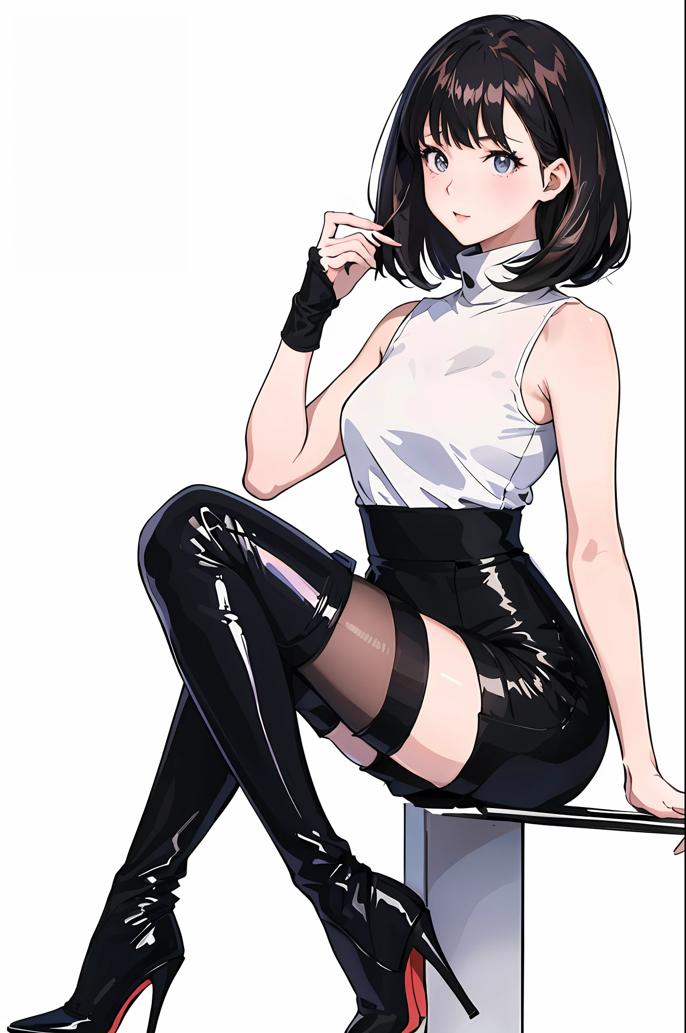 anime girl in black and white outfit sitting on a table, seductive anime girl, beautiful alluring anime woman, attractive anime girl, female anime character, beautiful anime girl squatting, anime character, anime full body illustration, anime woman, high heels. anime style at pixiv, (anime girl), anime girl wearing a black dress, anime girl, perfect android girl