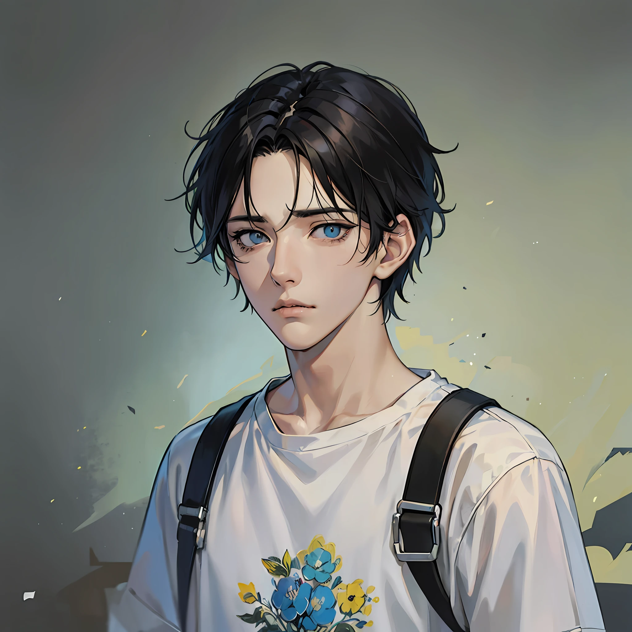 (RAW Photo, Best Quality), Anime, Two-dimensional, Graphic Illustration, Illustration, Line, ((1 boy)), Black hair, Texture, ((Melancholy eyes)), (Shirt: 1.5), ((Dull)), Not bright color, Best illustration, --auto --s2