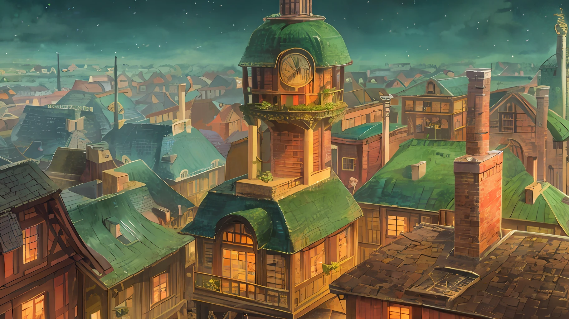 steampunk city, dusk, in the style of  scenery