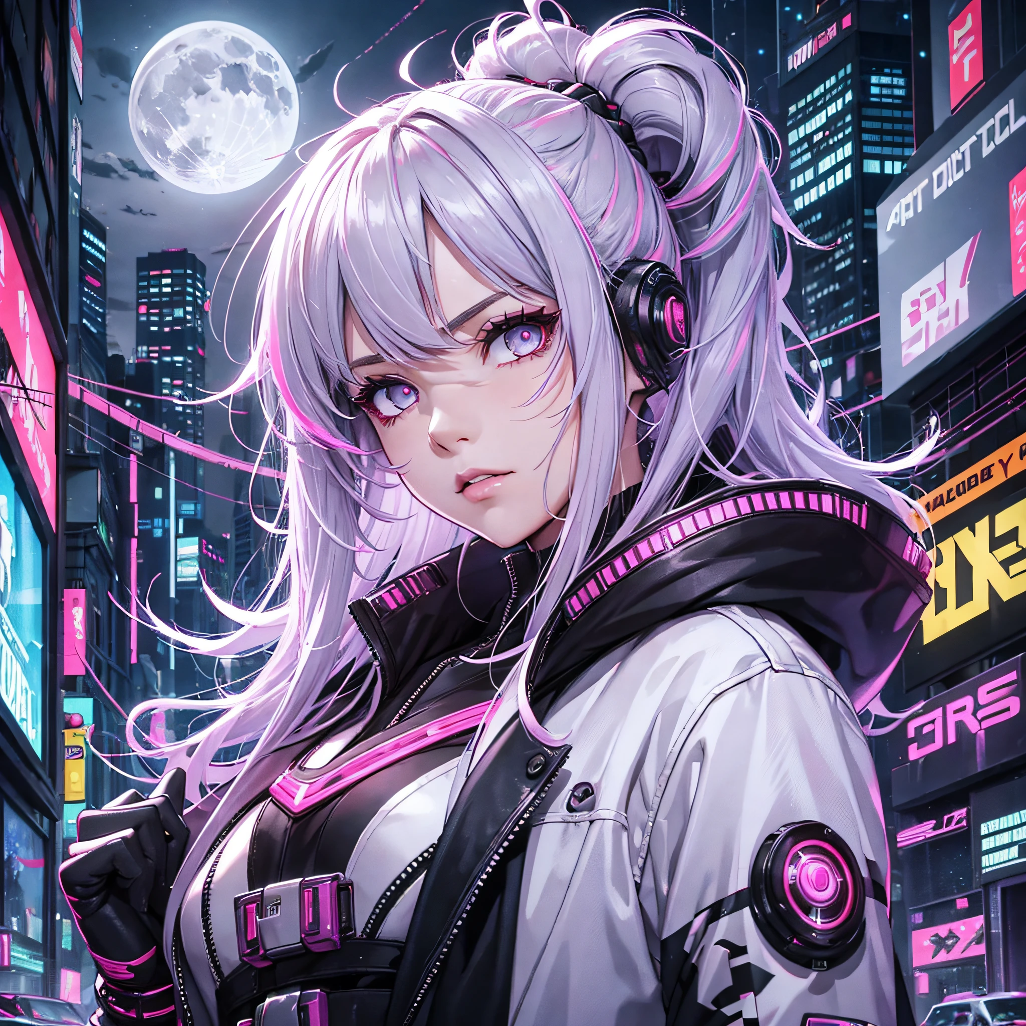 lucy \(cyberpunk\), 1girl, hair scrunchie, hime cut, silver hair, colored tips, full moon, grey eyes, jacket, long sleeves, looking at viewer, long hair, silver hair, bangs parted, lips slightly open, pink hair, portrait, red eyeliner, red lips, solo, white jacket, Cyberpunk (series), dark corners in neon-flashing cyberpunk cities --auto --s2