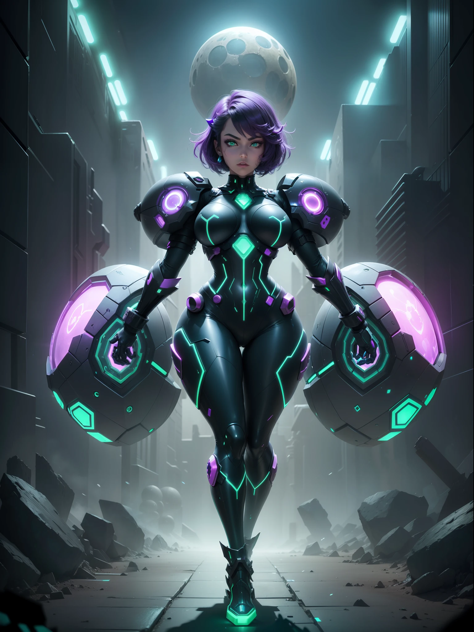 (Full body image+straight body:1.5) Moonlight/woman/gigantic breasts/(extremely exhibitionist:1.5). She's wearing one (black/neon parts/futuristic costume with blue jewelry on the breastplate:1.2). She's inside an alien base crowded with aliens. She has (very short purple hair; and slim: 1.5), (green eyes:1.5), is looking at the viewer, embarrassed face, holding futuristic weapons, battle pose, facing the viewer, Super Metroid, 16k, best quality, high details, UHD, masterpiece