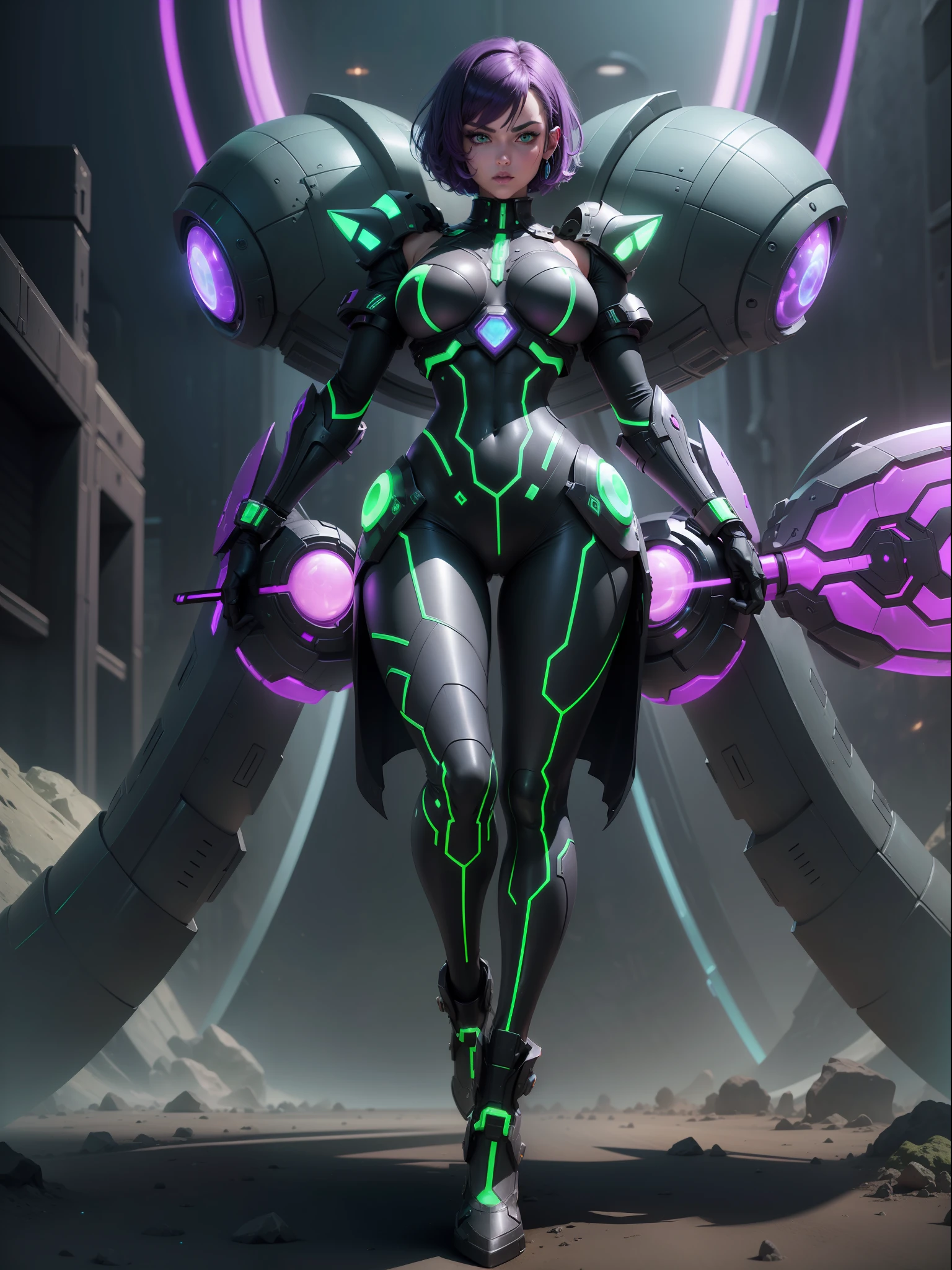 (Full body image+straight body:1.5) Moonlight/woman/gigantic breasts/(extremely exhibitionist:1.5). She's wearing one (black/neon parts/futuristic costume with blue jewelry on the breastplate:1.2). She's inside an alien base crowded with aliens. She has (very short purple hair; and slim: 1.5), (green eyes:1.5), is looking at the viewer, embarrassed face, holding futuristic weapons, battle pose, facing the viewer, Super Metroid, 16k, best quality, high details, UHD, masterpiece