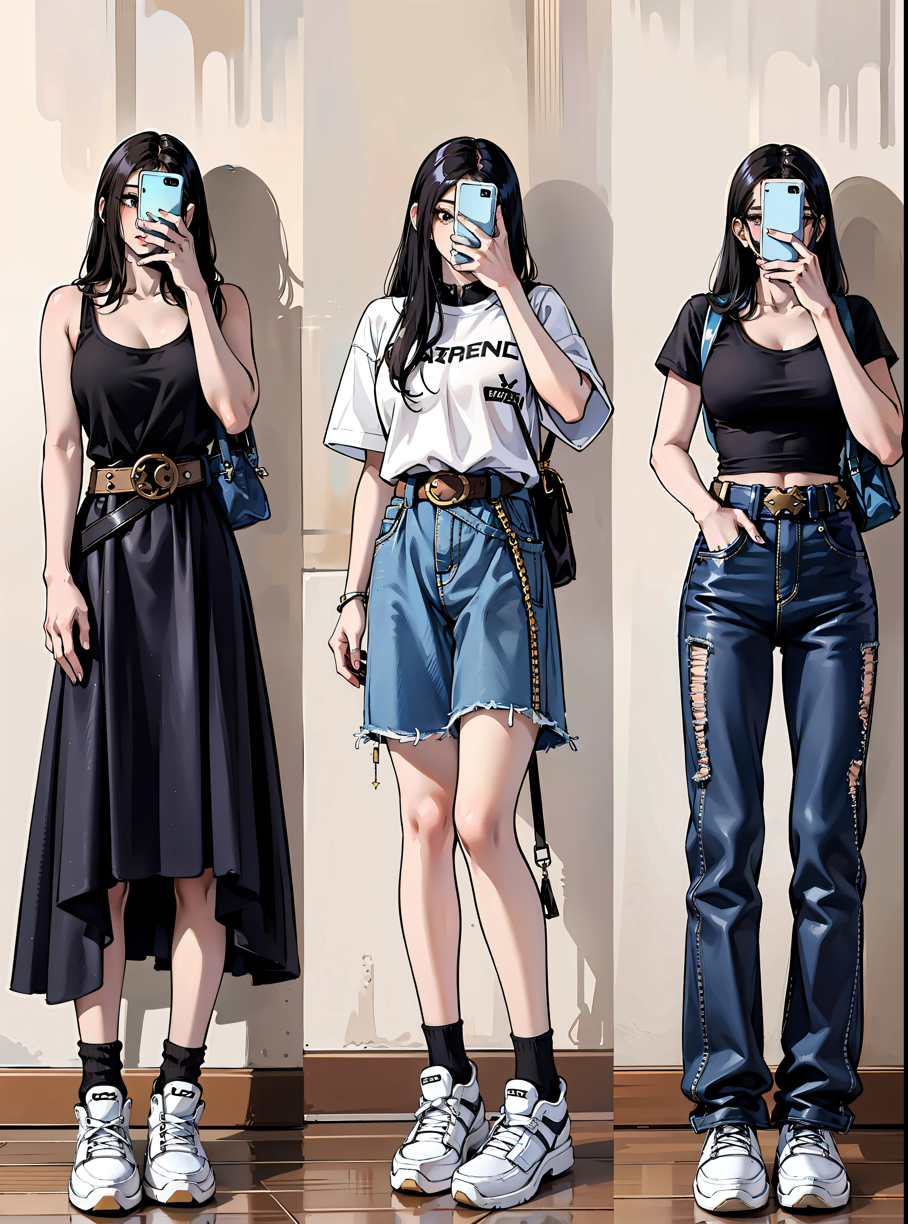 girl, vertical painting, natural light, global light, front view, fashion, pattern, fashion, trendy brand, tank top, cool, suspenders, headset, zipper, buttons, pattern, logo, pleats, jeans, belt, delicate, sequins, sparkle, generate more details, tank top, t-shirt, trousers, handbag, shiny,, modern, anime style, anime, modern, futuristic, first-person perspective, panorama, concept art, uhd, masterpiece, ccurate, super detail, high detail, high quality, Best quality, high resolution, no background, white background