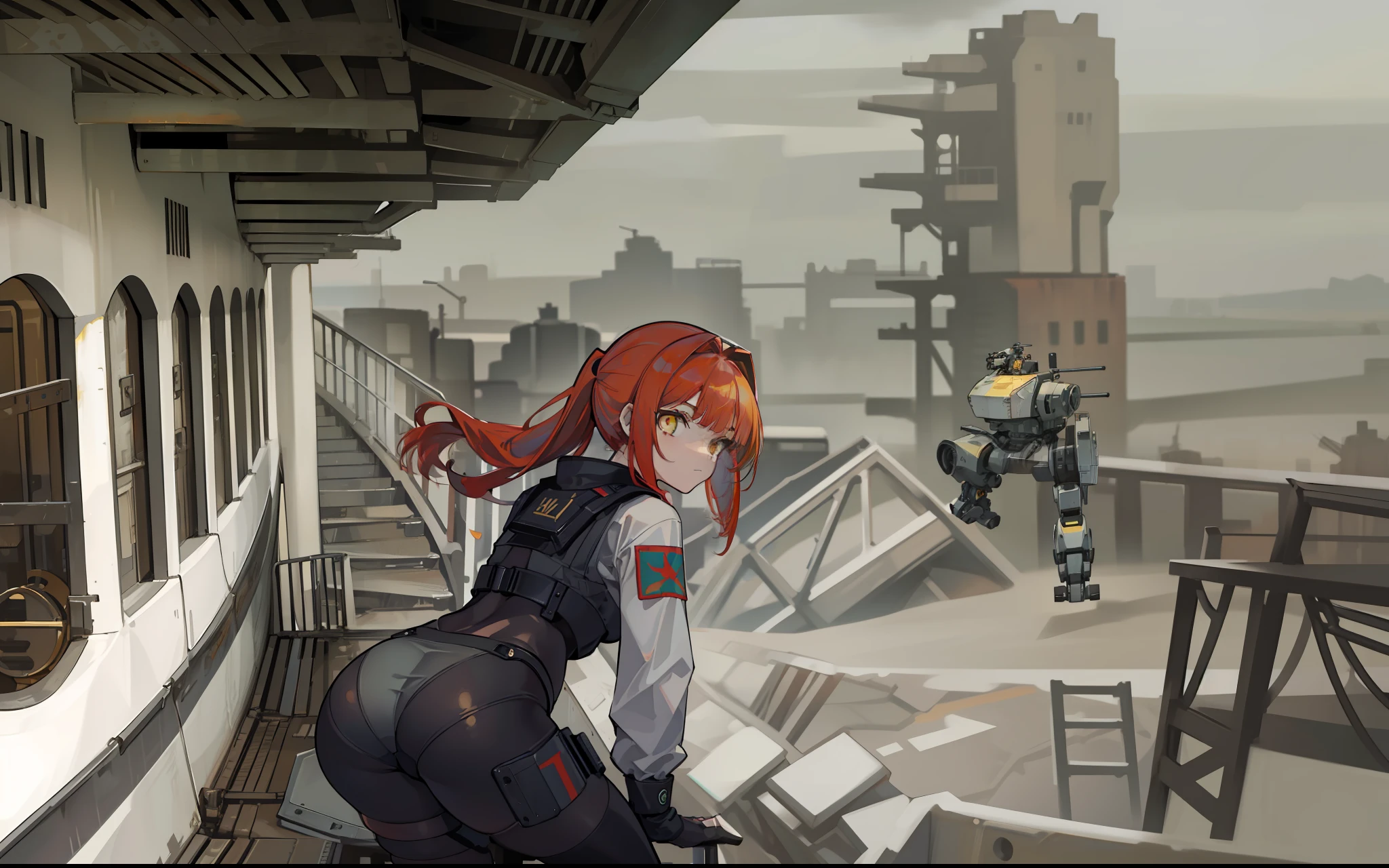 1girl, Slavic Girl. (masterpiece:1.2), (best quality:1.3), bending over, staring away, holding onto railing, diesel-punk background, soviet mech, unique soviet mech in background, (red hair), (yellow eyes), (pony tail), (long bangs), (large hips), (thick thighs)