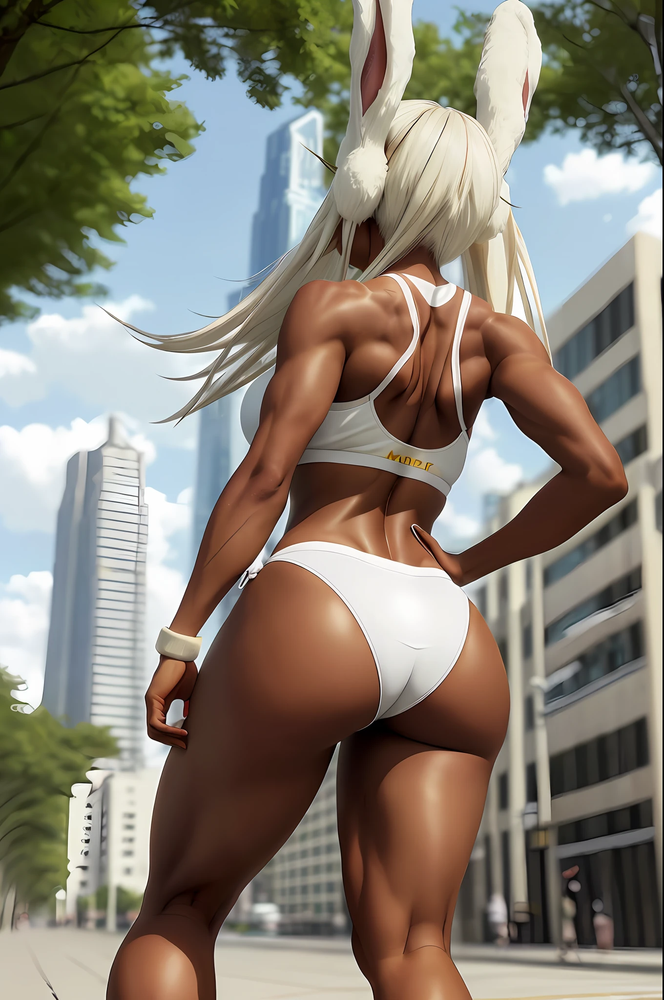 [Miruko; Boku no hiro academia], ((solo portrait)), ((behind view)), ((High definition)), ((anime)), ((Kohei Horikoshi)), ((raytracing)), ((detailed shading)), {Miruko; (tanned skin, maroon eyes, long white hair, long white bunny ears, small fluffy white bunny tail, large boobs, sexy ass), (white and yellow tank top), (purple yoga shorts), (white and yellow sneakers), (seductive gaze; long eye lashes, half-closed, eyes, puckered lips), (athletic body; defined abs, defined leg muscles, defined arm muscles)}, ((jogging on sidewalk; looking ahead), ), [Background; (park daytime; (city; skyscrapers, trees))]