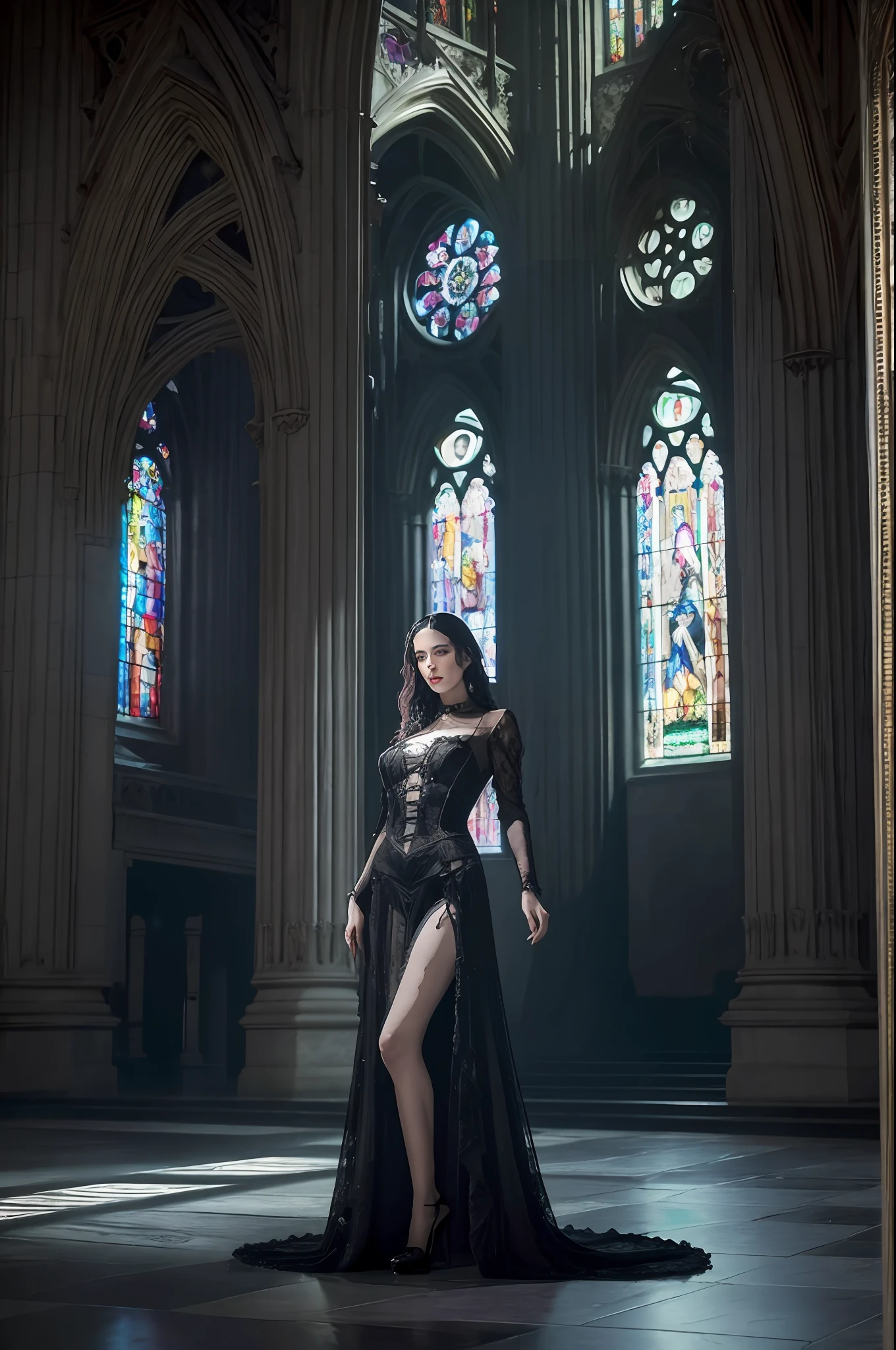 "((Wide shot)), ((full body)), seductive, dark, gothic beautiful woman, wet with sweat, striking a captivating pose inside a mysterious Gothic cathedral. The environment is dimly lit, with towering stained glass windows and ornate stone pillars creating an atmosphere of intrigue. The dramatic and moody lighting casts rays of light that filter through the stained glass, adding to the surreal ambiance. The artwork, created by the renowned artist Salvador Dalí, showcases his unique style of Surrealism, depicted using oil on canvas as the medium. The full-body portrait captures the woman's alluring presence and is rendered in ultra-high definition 8K resolution, bringing out every intricate detail. The color scheme is dark and intense, with deep purples and blacks creating a visually striking composition. This masterpiece on eye level, scenic, presents a captivating and seductive portrayal of the gothic beauty within the surreal world of Dalí's imagination."