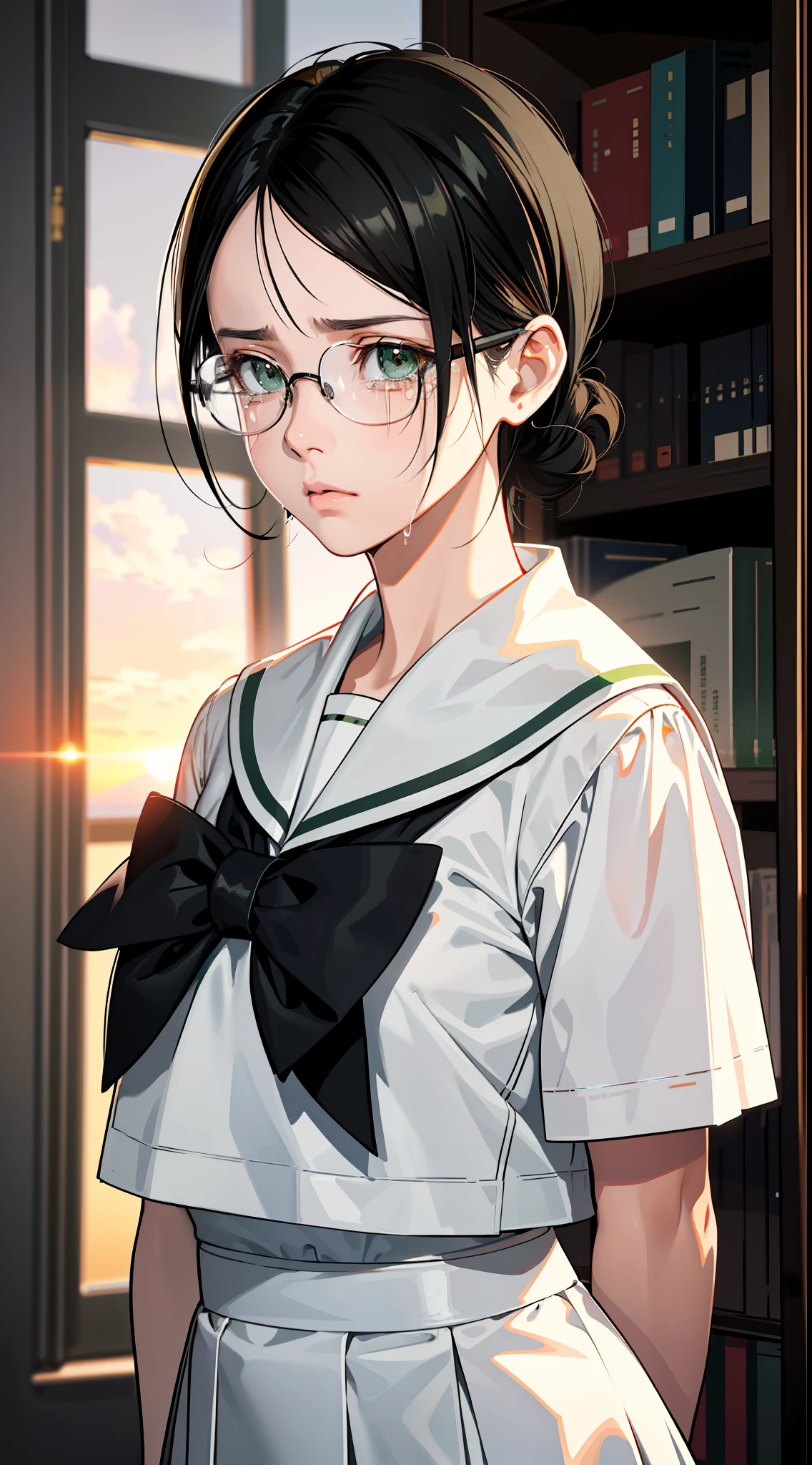 Anime Reference 86, school, atmosphere, alone, woman, girl, green eyes, (very short black hair), hair slicked back, (round glasses), general uniform, white sailor suit, realistic face details, realism, 3D face, pretty face, (library), sunset light, (((sad expression)), crying face,