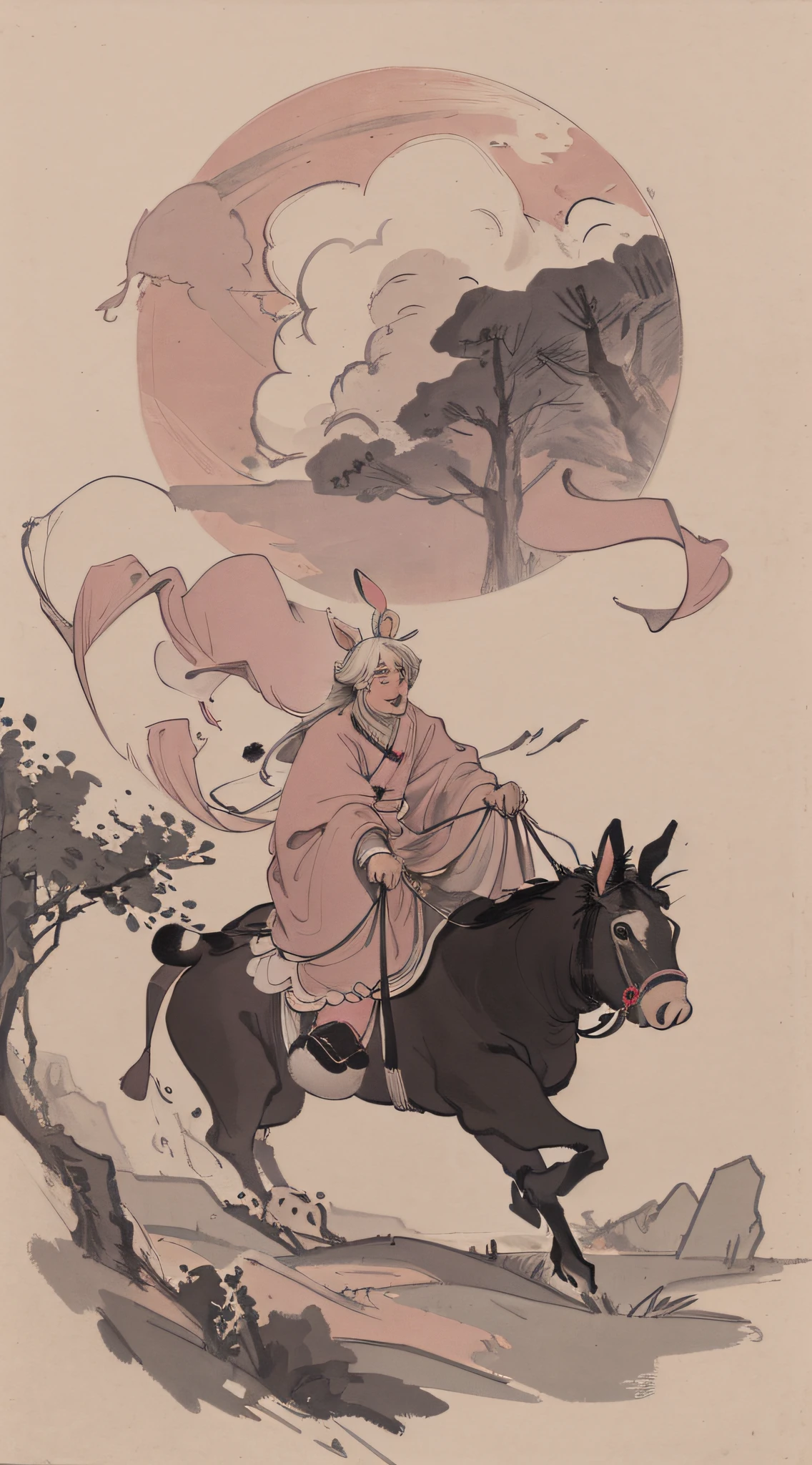 Masterpiece, best quality, night, hills, clouds, full moon, long hair, man riding pink piglet, spoof pictures, ancient china, chicken, rabbit, silhouette, firefly.