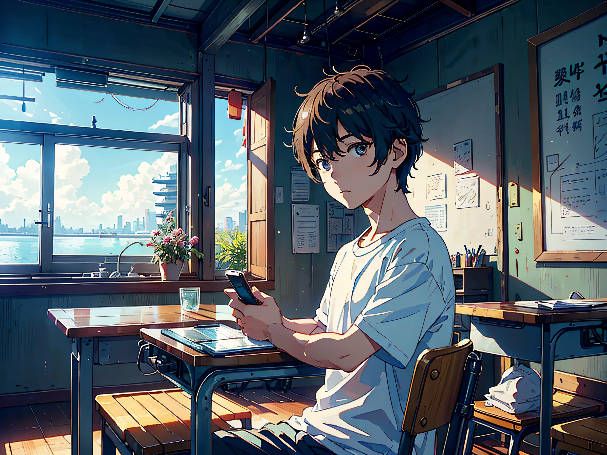Morning sunny, a boy sitting in the bedroom, (boy 1.5) The man is wearing a white T-shirt, the background is in the classroom, sitting on a chair, sitting on a stool, holding a mobile phone in his hand, looking at the phone with his eyes, the lens mainly features the upper body, (the lens mainly features money floating down in the classroom 3.0), in the Loepfe Art Style ((New Sea City), popular in CGStation, Shin Hai Seong H 2160, inspired by Bian Shoumin, Xinhai Cheng, Kavasi, Guwitz style, high quality, 4K, 8K, Resolution, -Auto-s2