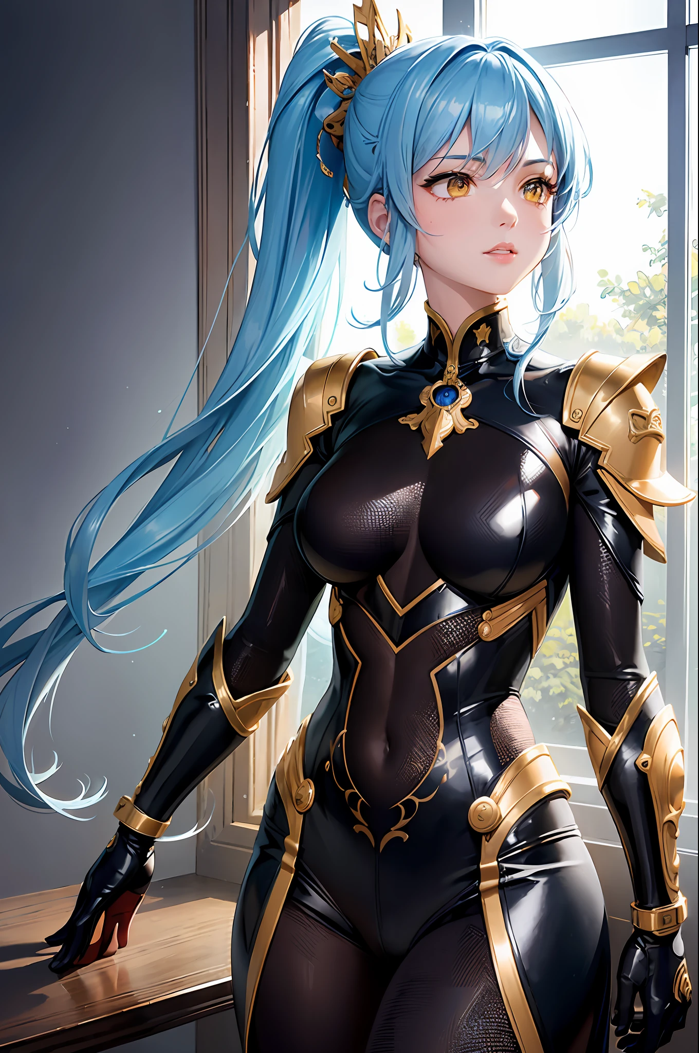 (((masterpiece))), (((best quality))), ((ultra-detailed)), (highly detailed CG illustration), ((an extremely delicate and beautiful)), cinematic light,((1girl)), solo, (upper body), (character focus), absurdres, high contrast, extreme detailed,colorful,highest detailed, science fiction, nanosuit, high ponytail, (light blue hair), yellow eyes, knee boots, (spacecraft interior), mechanical limbs, large breasts, metal wire,