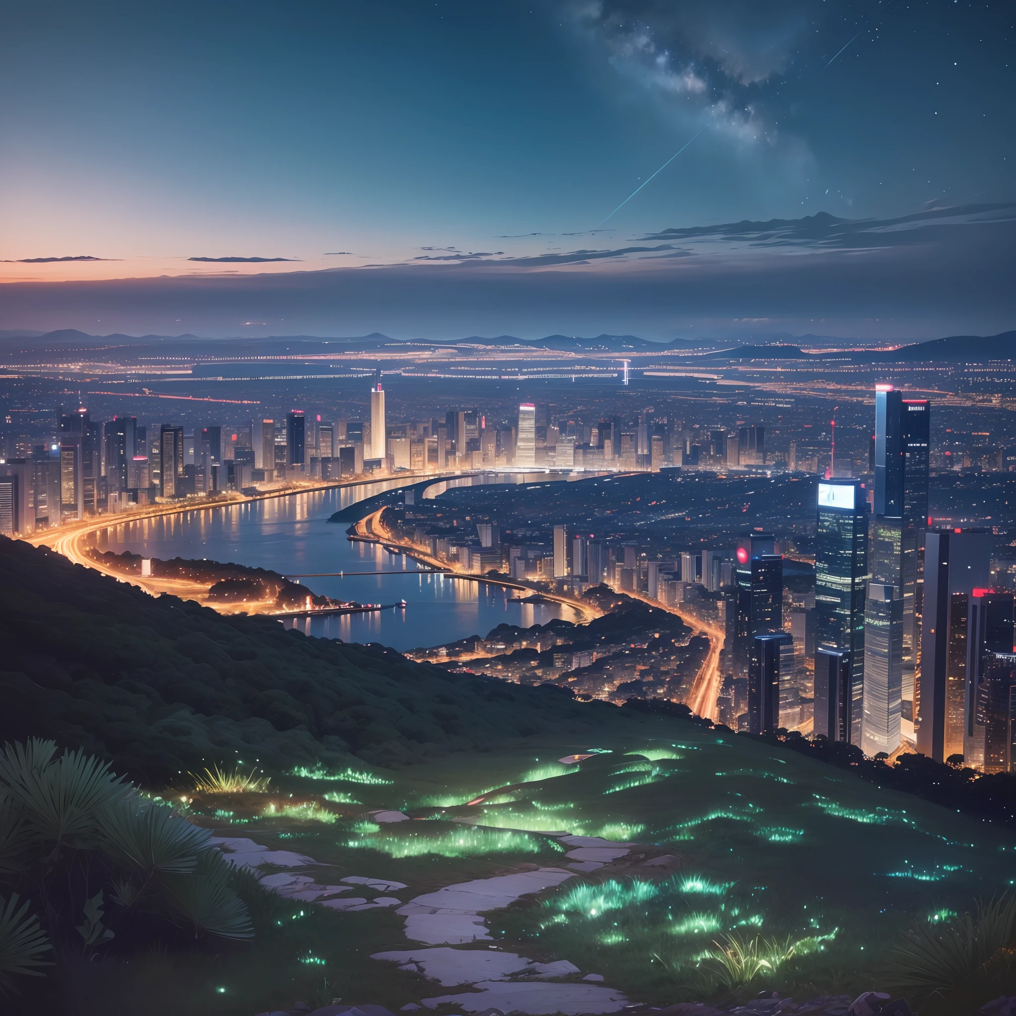 10 million dollar night view cityscape and sea from the top of high forest hill, very vivid and clear view, with the sea on the left and the town on the right --auto --s2