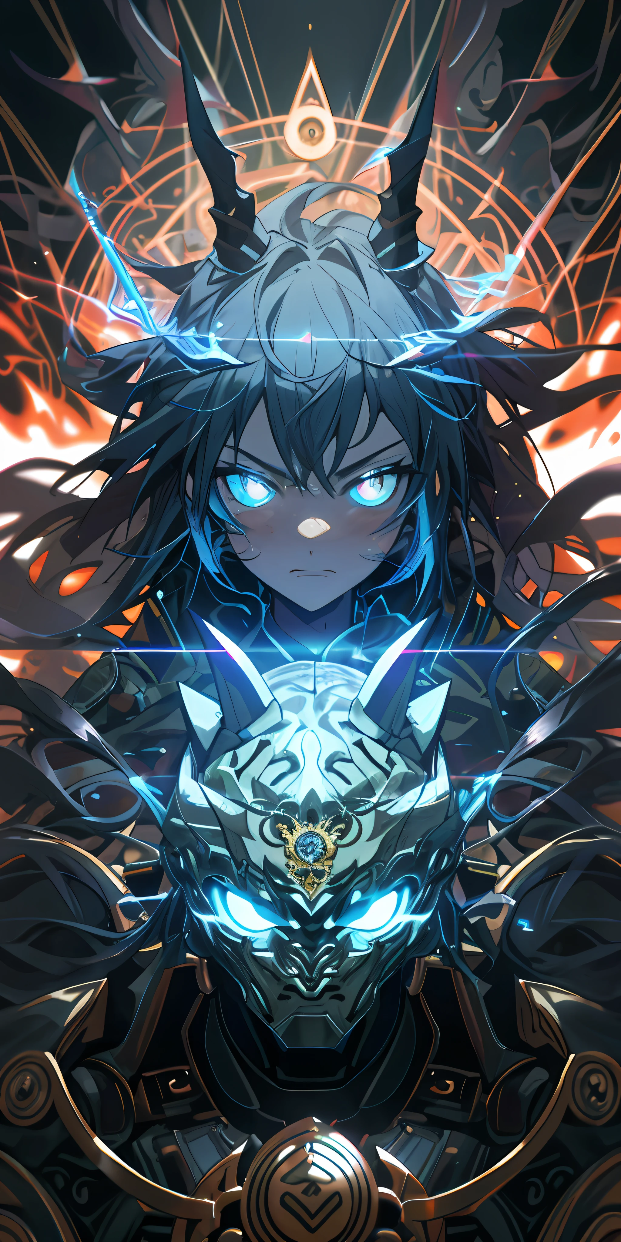 Anime Robot beutiful blue magma skin golem cat girl magic, aesthetic_eyes, detailed eyes, demon horn, mask, wings, glowing, random fantasy hair, multicolored hair, body detailed, random very angry face, detailed face, Saenyo Ancalagon Anthropomorphic majestic Guardian | Portrait | finely detailed Obsidian and Lava armor | cinematic lighting | intricate filigree metal design | 8k | unreal engine | octane render | aesthetic_eyes, detailed eyes, body detailed, ahegao, detailed face, highly detailed, fantasy background, blush, cat_ears_earrings hair_ornament highres jewelry triple_earring, detailed all, solo, fightning stance, magic circle, electrification, lightning effect, ray tracing, detailed all, show your ability A.I, 4K Ultra HD. add face mask, add fullface mask, mouth and nose covered by mask