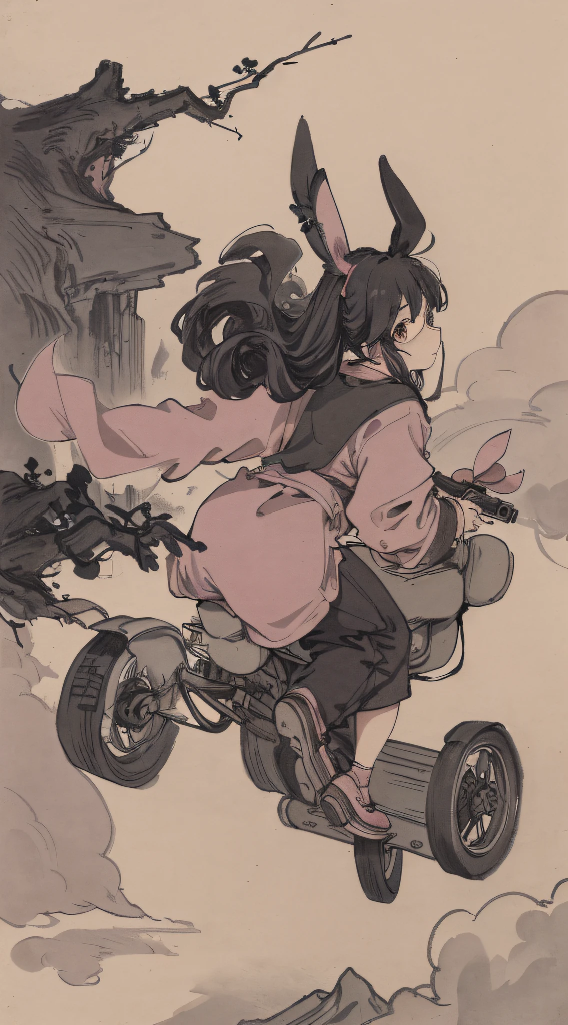 Masterpiece, best quality, night, hills, clouds, full moon, long hair, man riding pink piglet, black smoke, spoof pictures, ancient china, chicken, rabbit, silhouette, firefly.