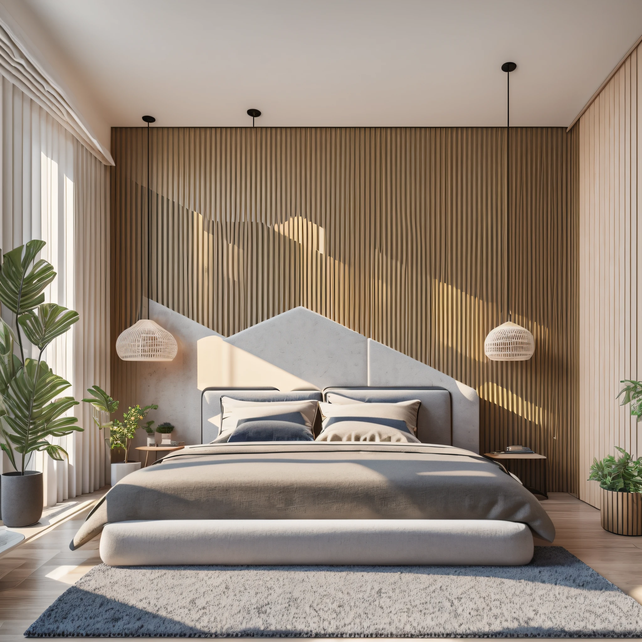 Interior design, bedroom home, oblique view, 3D product rendering, home scene, plant decoration, natural light, realism, high quality, 8K, very realistic