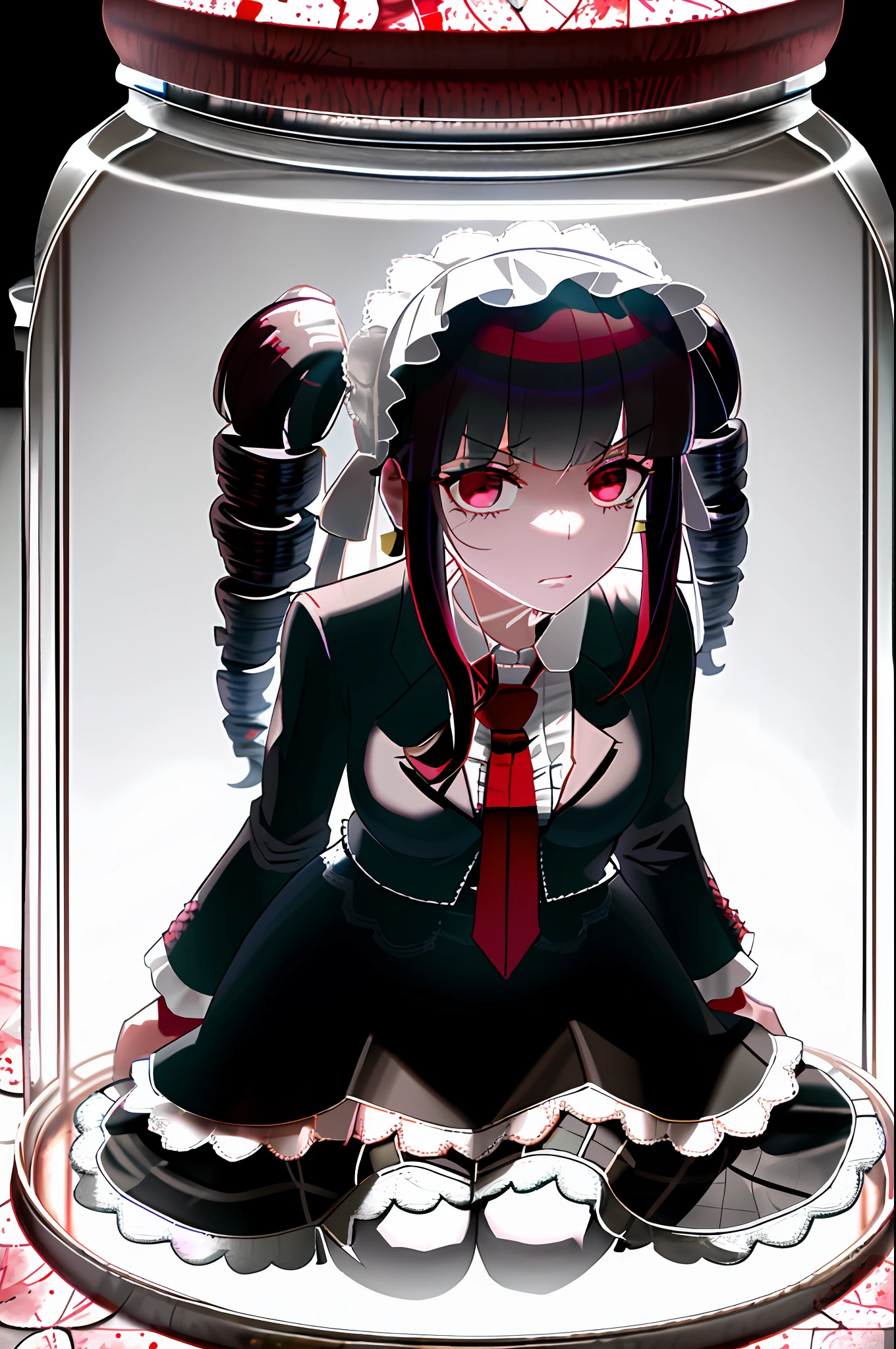 (in glass jar:1.45), jam jar, trapped, cramped, front view, masterpiece, best quality, 1girl, Celestia ludenberg, black hair, red eyes, young woman, half body view, cute face, wide hips, micro skirt, copyright danganronpa, 1girl, celestia ludenberg (character), scared expression, black hair, red eyes, white silk headband, white lace-bonnet with one white ribbon for each side with a smaller ribbon tied at the bottom, and has black hair in two large twin-drill pigtails, gothic lolita-style outfit, white blouse with a Long-point collar, a black jacket that includes white ribbon lacing down the sleeves, fastened by a simple white ribbon across her chest to reveal her red tie, black knee-high stockings trimmed in ladder lace with a black ribbon on the opposite side of the other for each, dark red mary janes with a thick heel held on her feet by three grey buckles, a white lace headband, dark-hued tulle lace panties, full body portrait, shocked, kneeling, shrunken nature background, detailed, realistic, hyper detailed, facial details, cork, seal, lid, cap, defined, eyes, lips, hands against glass