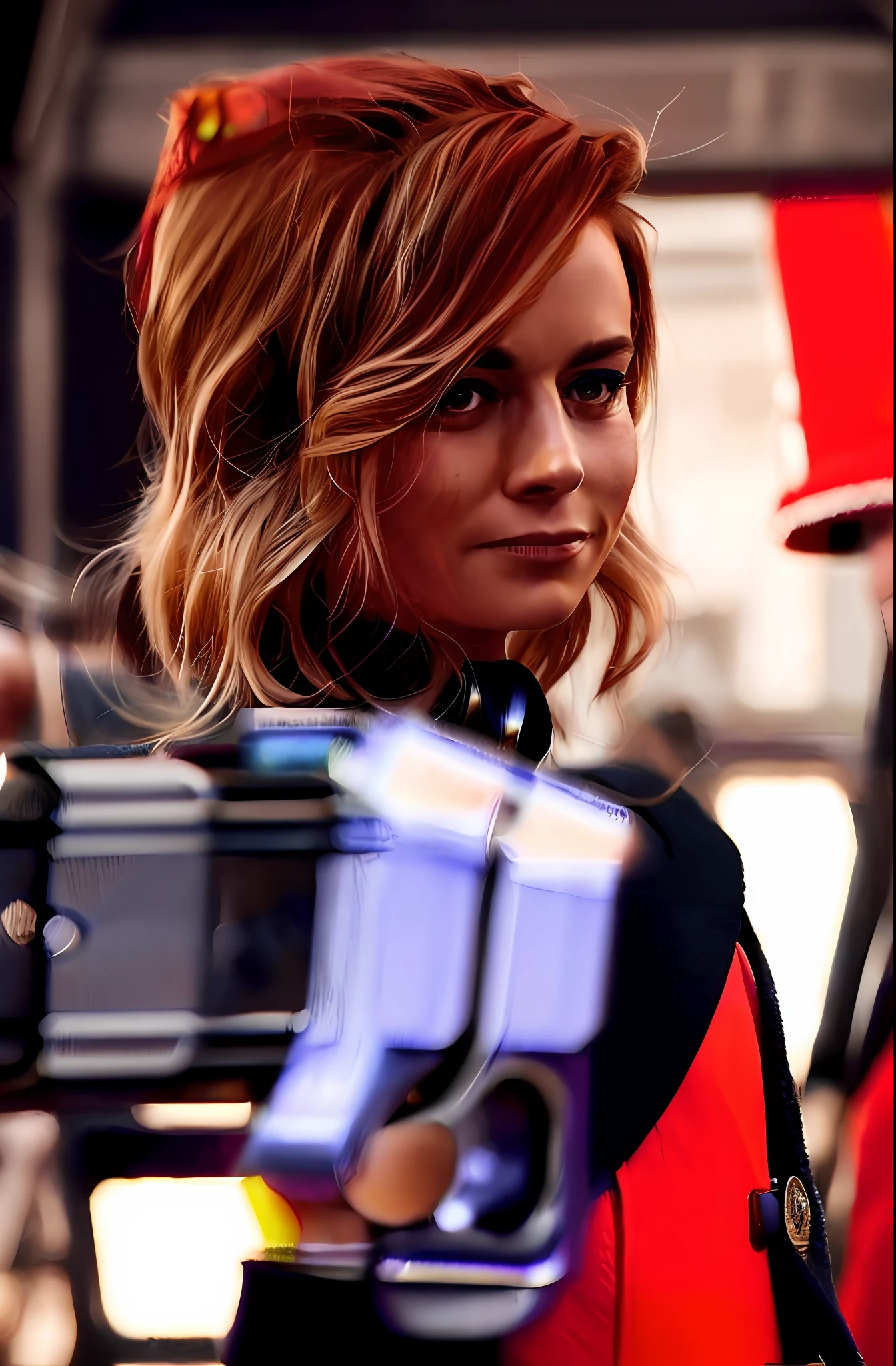 Brie Larson, medium-haired, a group of people with guns and guns in their hands, and a man in a red hat and a man in a black suit
