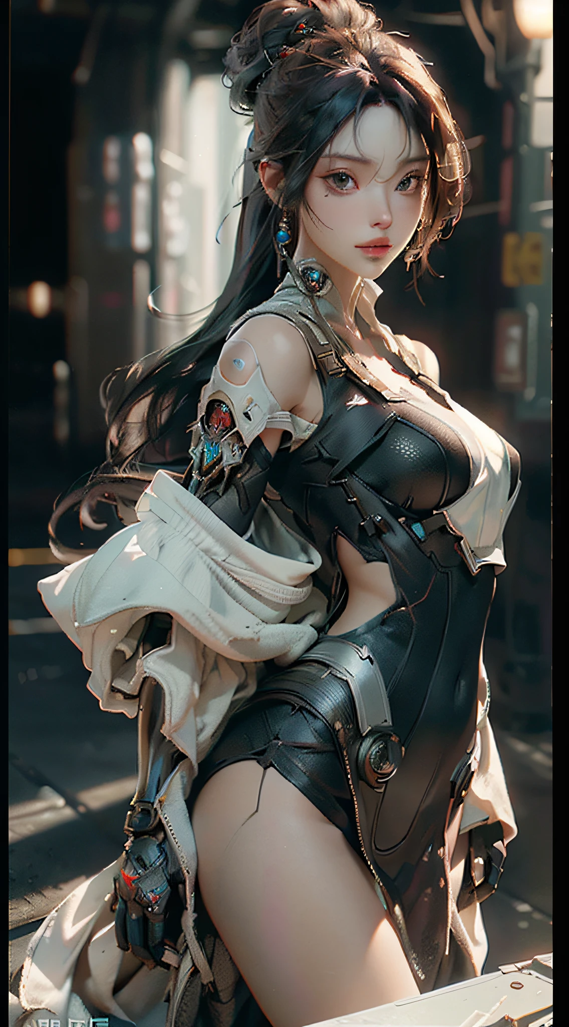 ((Best quality)), ((masterpiece)), (detailed:1.4), 3D, an image of a beautiful cyberpunk female,HDR (High Dynamic Range),Ray Tracing,NVIDIA RTX,Super-Resolution,Unreal 5,Subsurface scattering,PBR Texturing,Post-processing,Anisotropic Filtering,Depth-of-field,Maximum clarity and sharpness,Multi-layered textures,Albedo and Specular maps,Surface shading,Accurate simulation of light-material interaction,Perfect proportions,Octane Render,Two-tone lighting,Wide aperture,Low ISO,White balance,Rule of thirds,8K RAW,